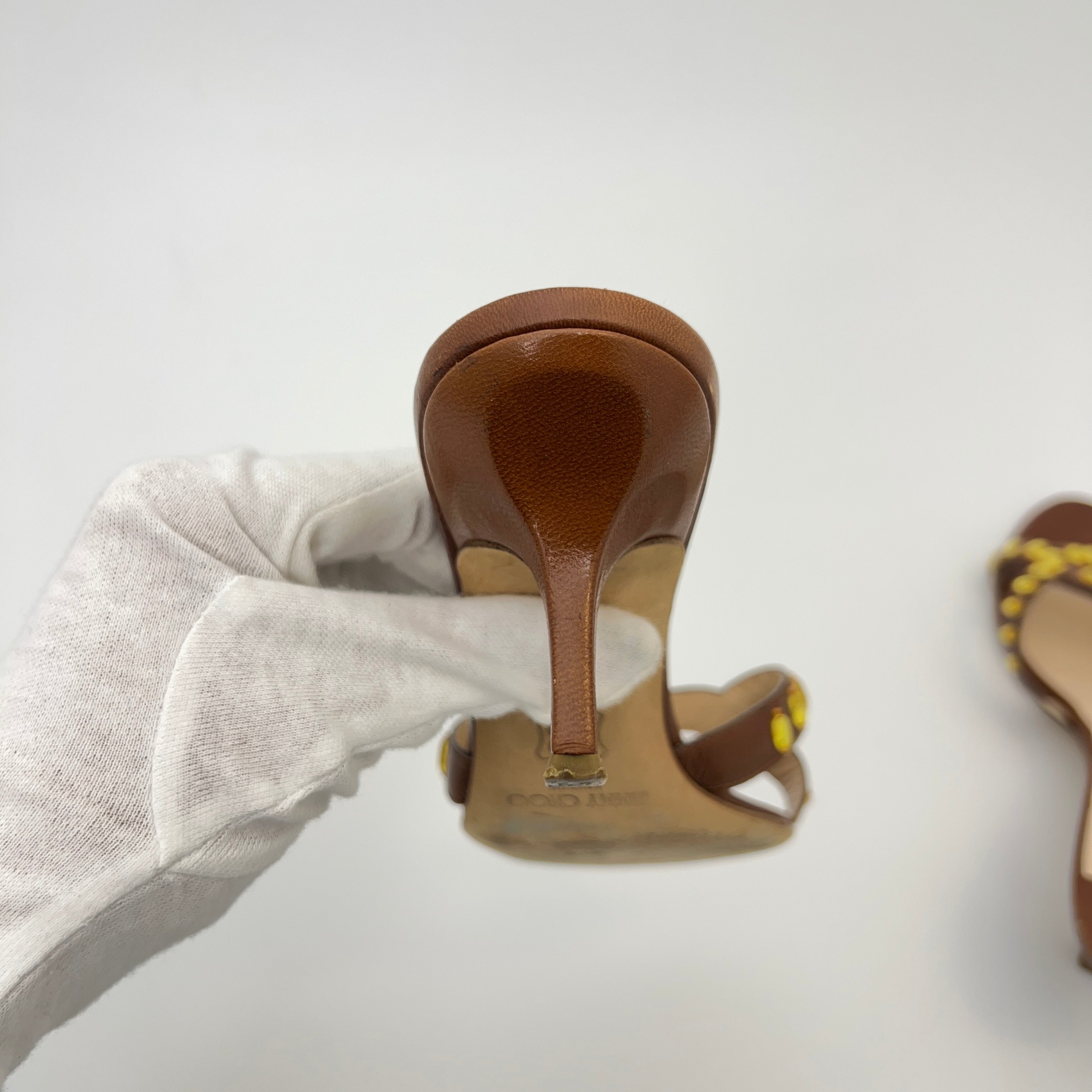 Jimmy Choo | Brown Leather Yellow Gem Crystal Strappy Mules (36)