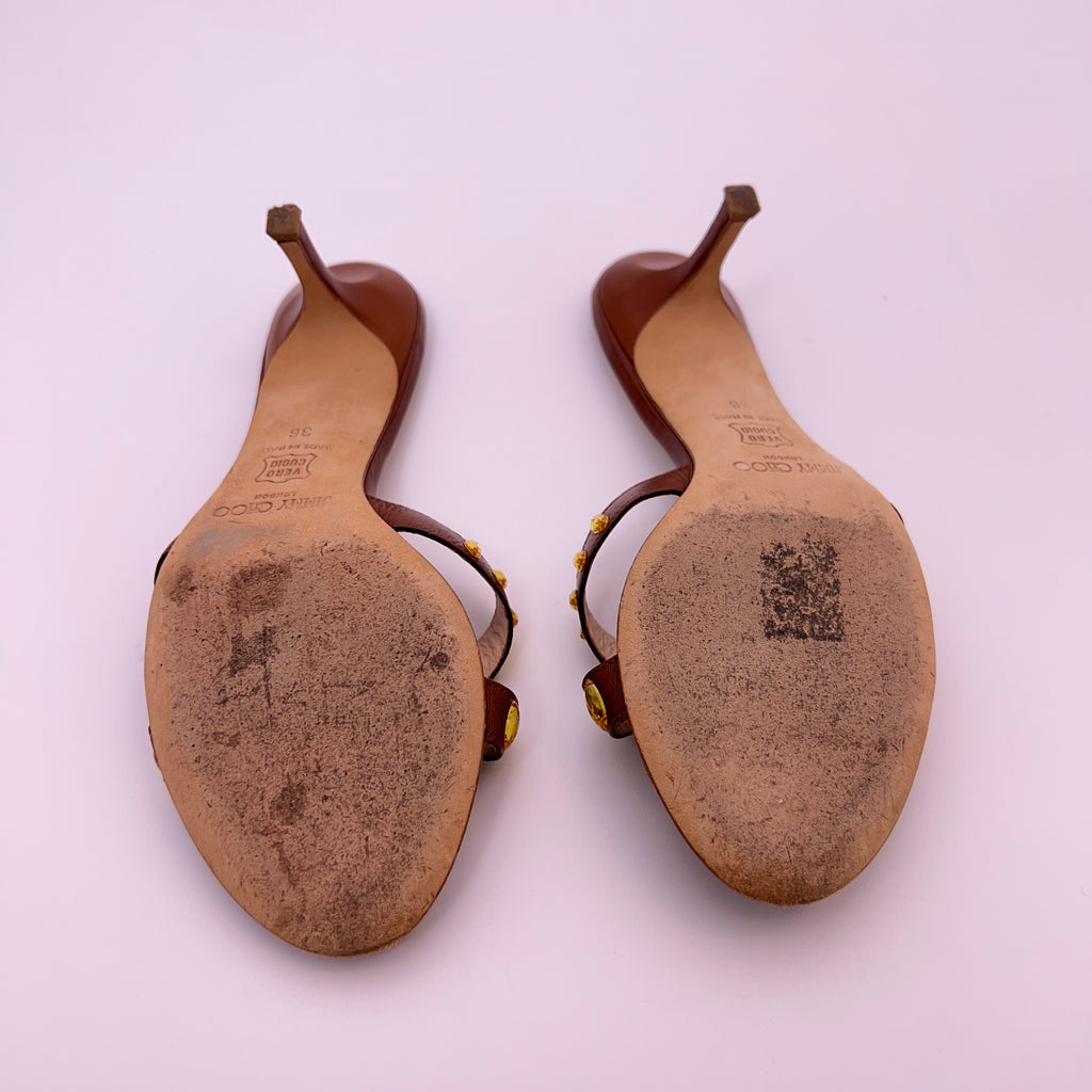 Jimmy Choo | Brown Leather Yellow Gem Crystal Strappy Mules (36)