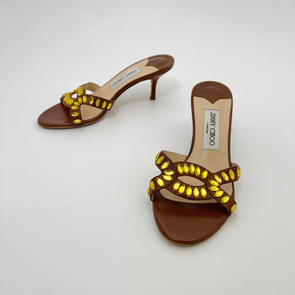 Jimmy Choo | Brown Leather Yellow Gem Crystal Strappy Mules (36)