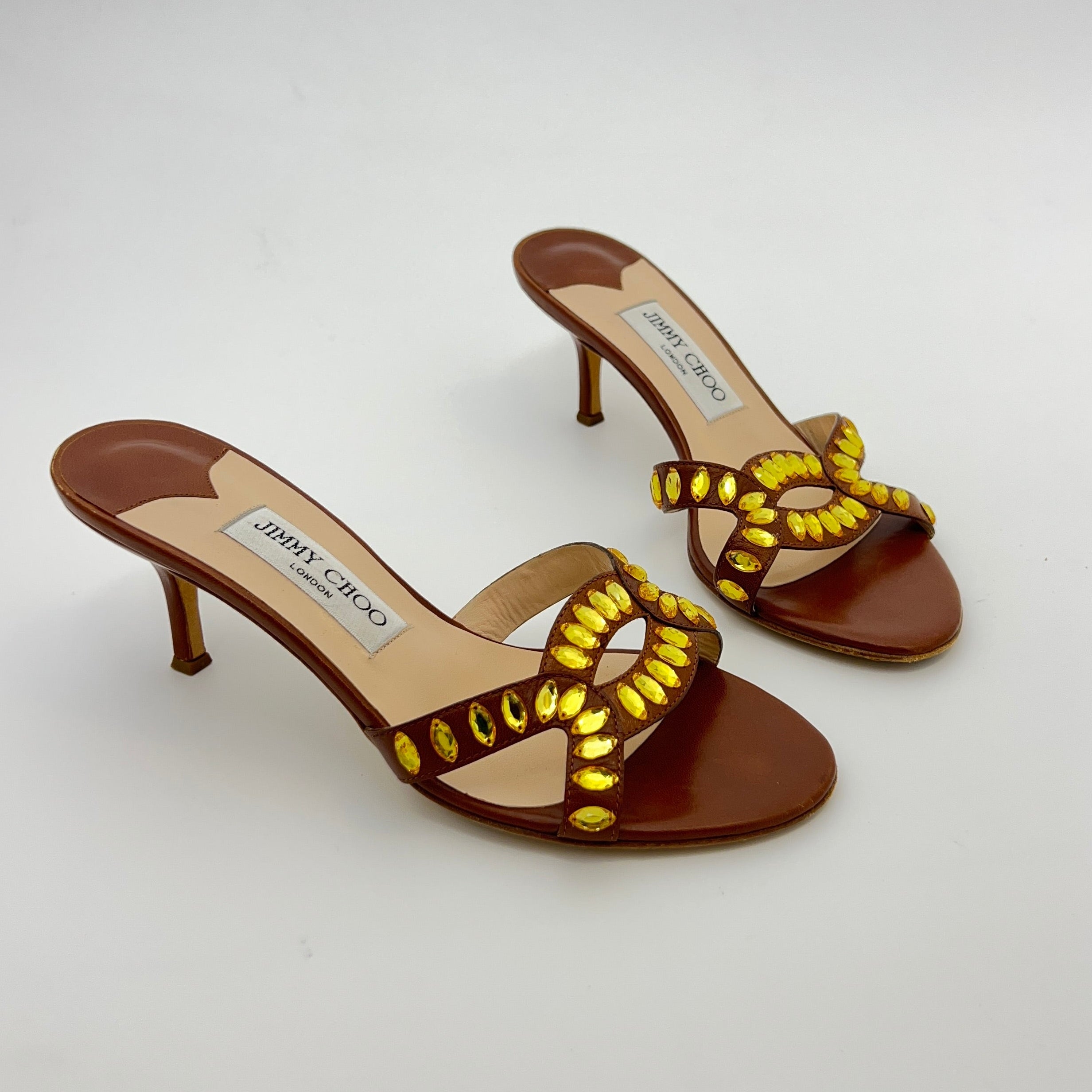 Jimmy Choo | Brown Leather Yellow Gem Crystal Strappy Mules (36)