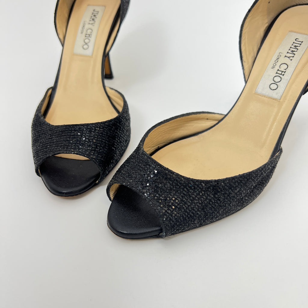 Jimmy Choo | Black Glitter Leather Stilettos D'Orsay Stiletto Heels (36)
