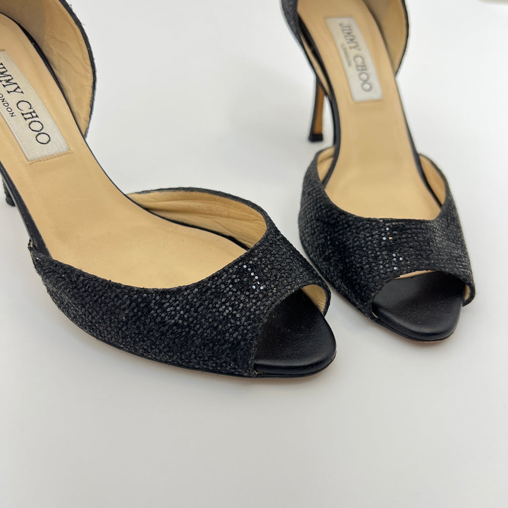 Jimmy Choo | Black Glitter Leather Stilettos D'Orsay Stiletto Heels (36)