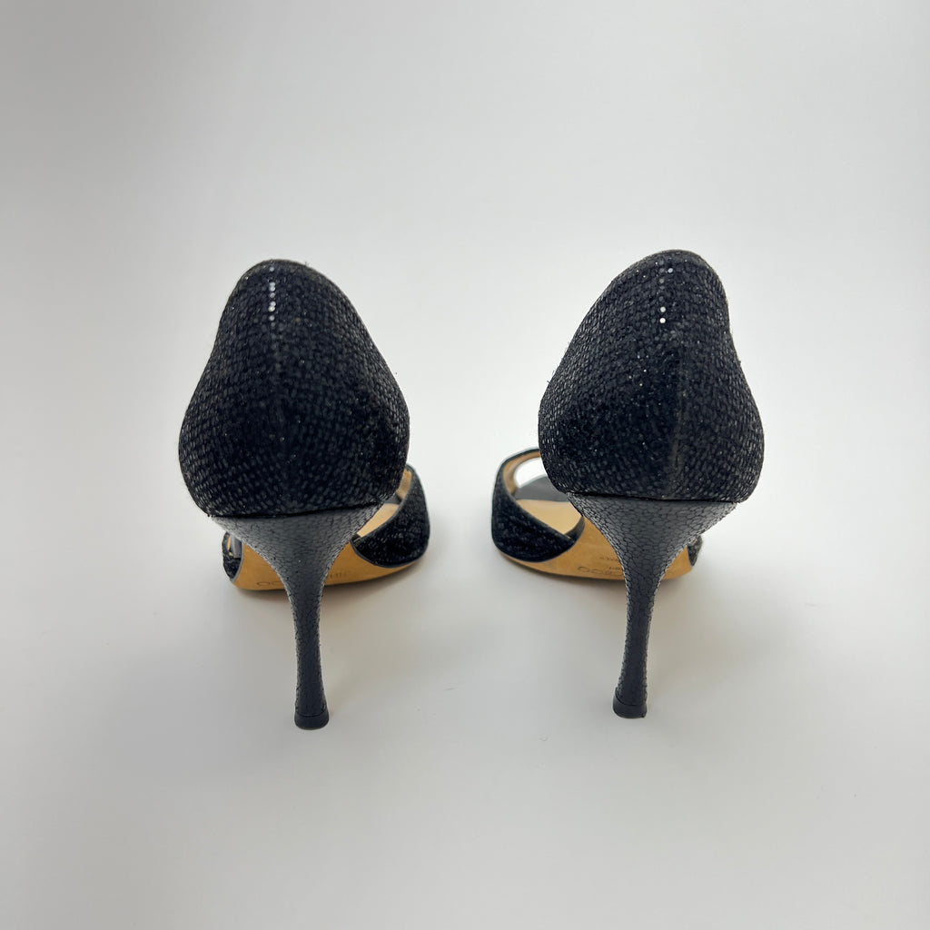 Jimmy Choo | Black Glitter Leather Stilettos D'Orsay Stiletto Heels (36)