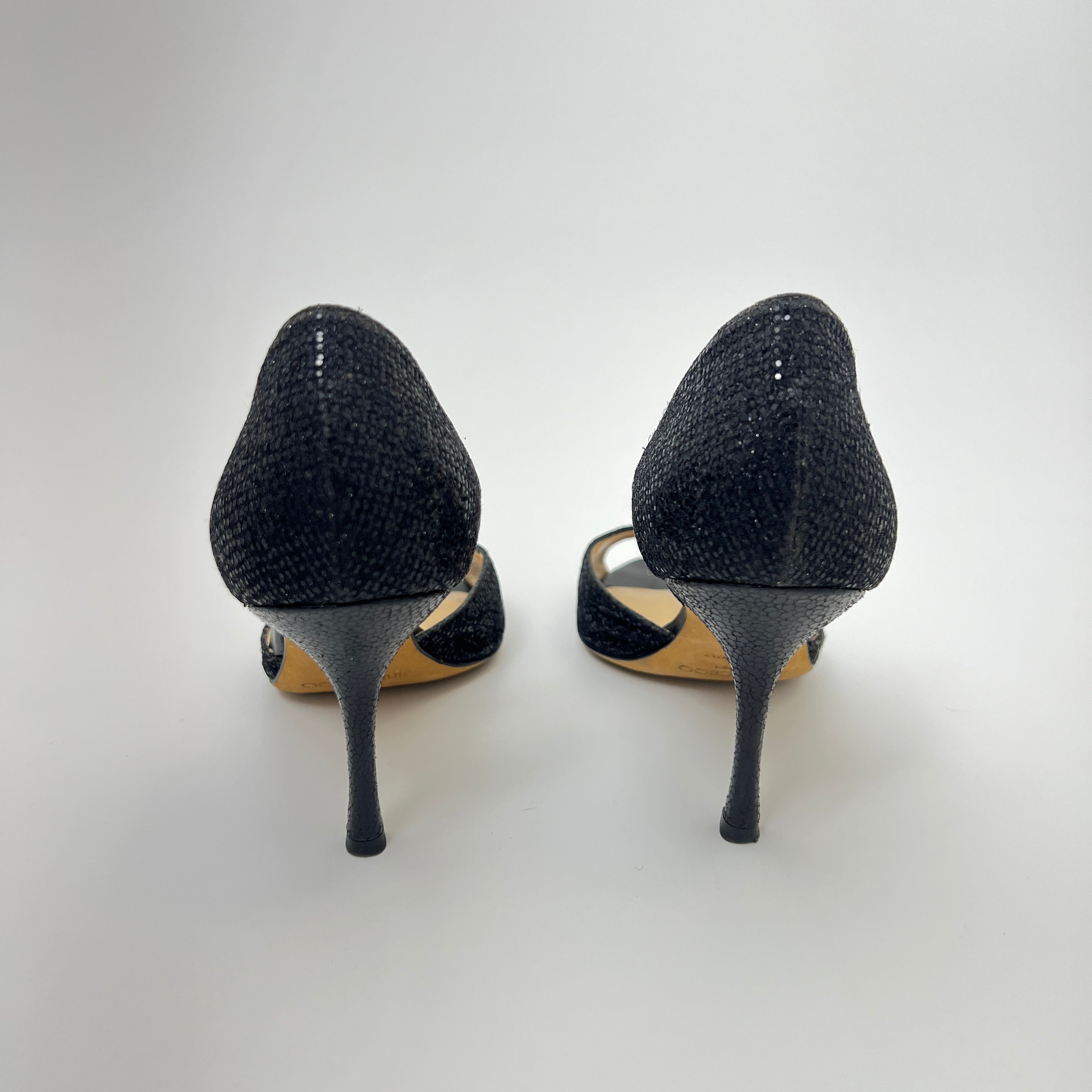 Jimmy Choo | Black Glitter Leather Stilettos D'Orsay Stiletto Heels (36)