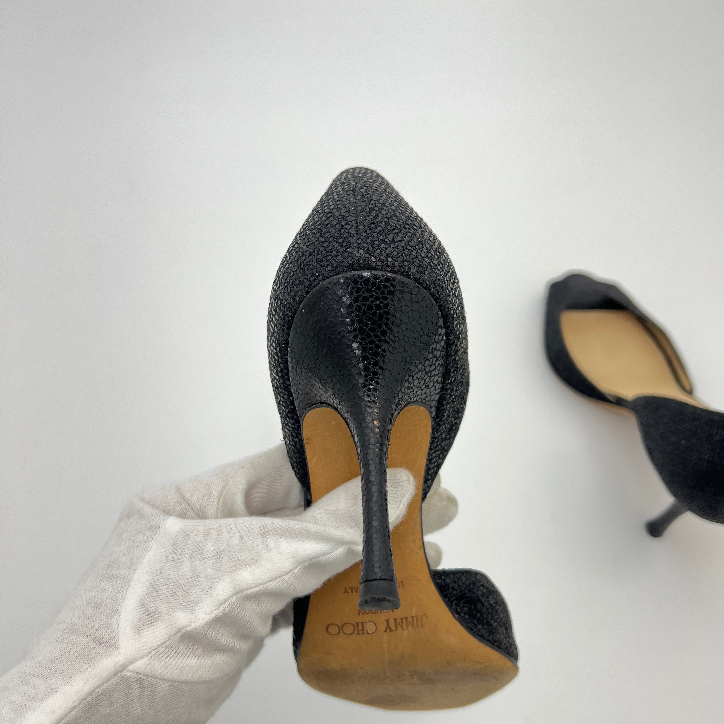Jimmy Choo | Black Glitter Leather Stilettos D'Orsay Stiletto Heels (36)