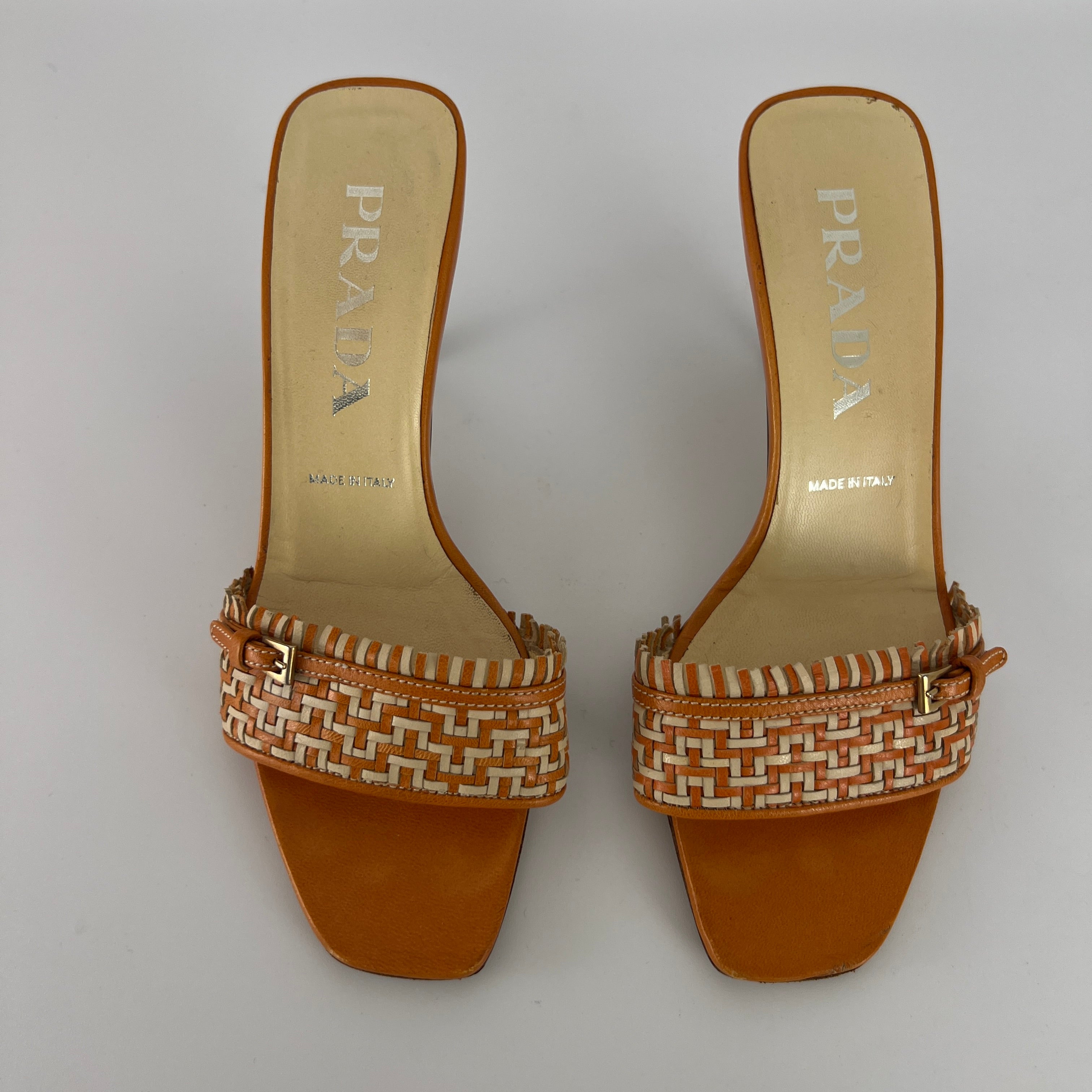 Prada | Vintage Orange Cream Woven Leather Kitten Heel Slide Mules (35)