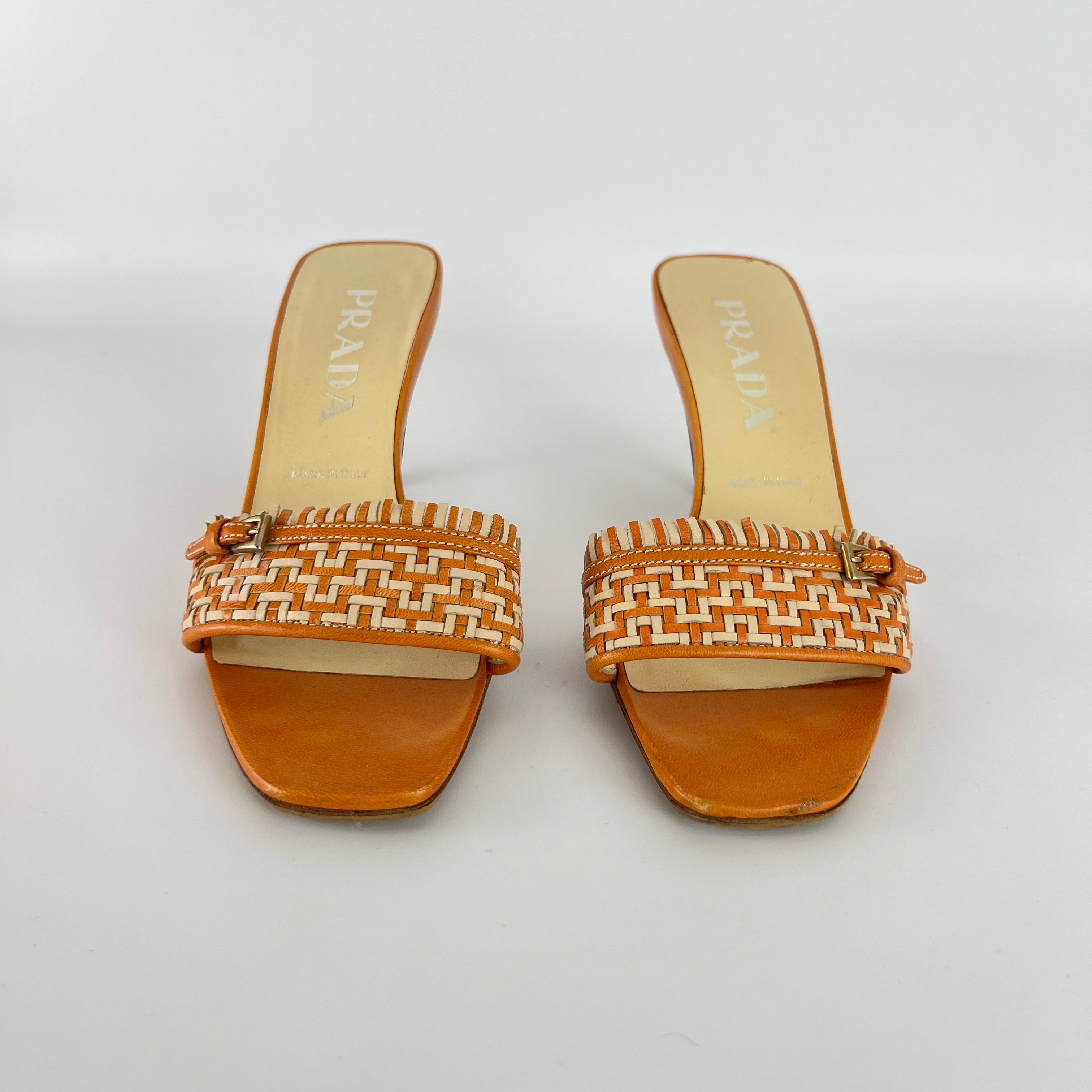Prada | Vintage Orange Cream Woven Leather Kitten Heel Slide Mules (35)