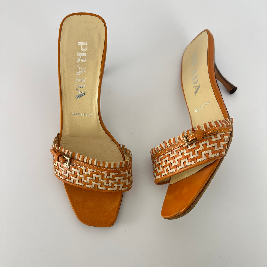Prada | Vintage Orange Cream Woven Leather Kitten Heel Slide Mules (35)