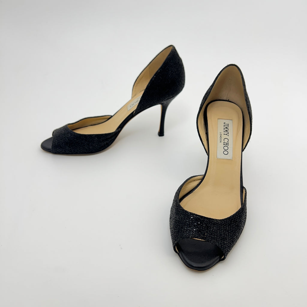 Jimmy Choo | Black Glitter Leather Stilettos D'Orsay Stiletto Heels (36)