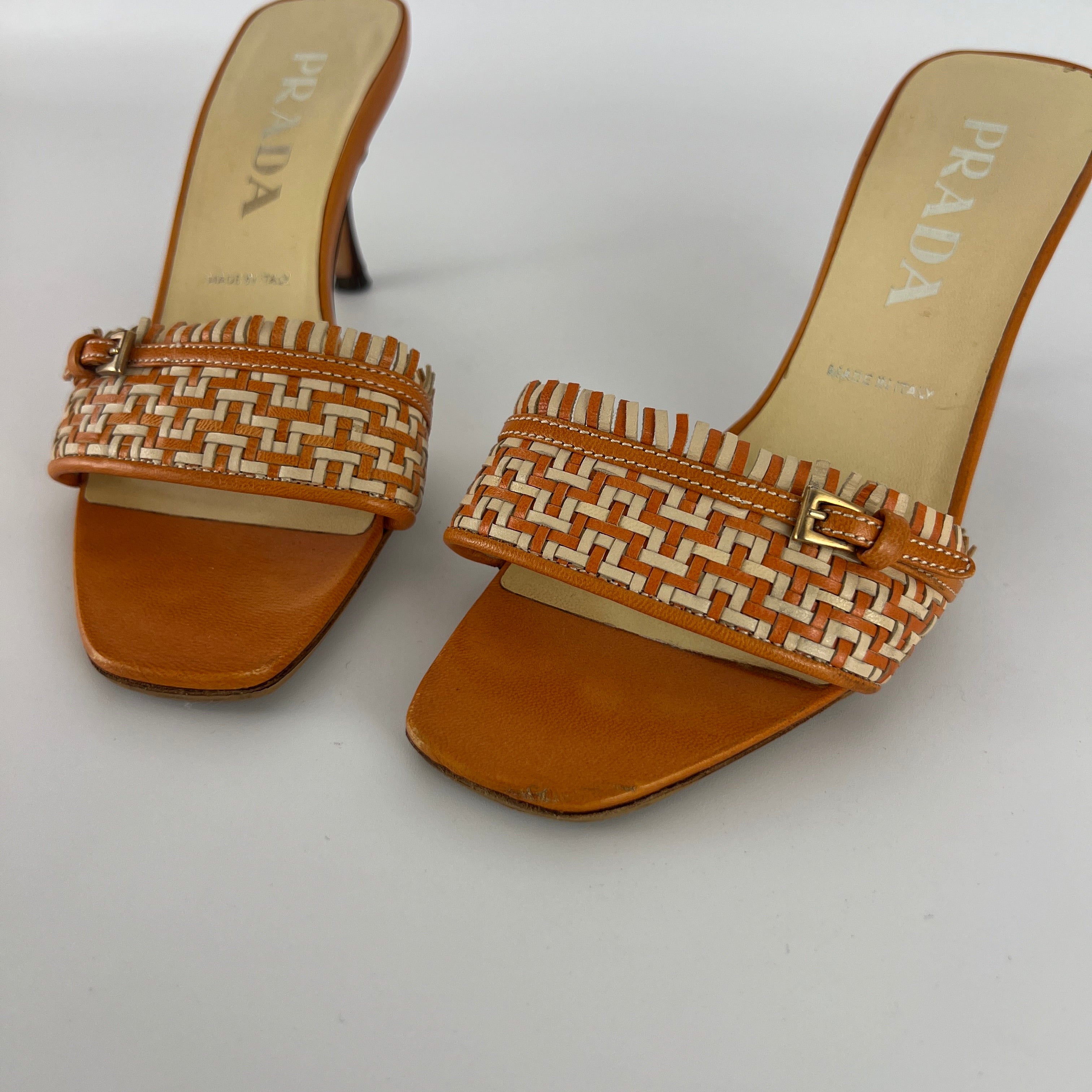 Prada | Vintage Orange Cream Woven Leather Kitten Heel Slide Mules (35)