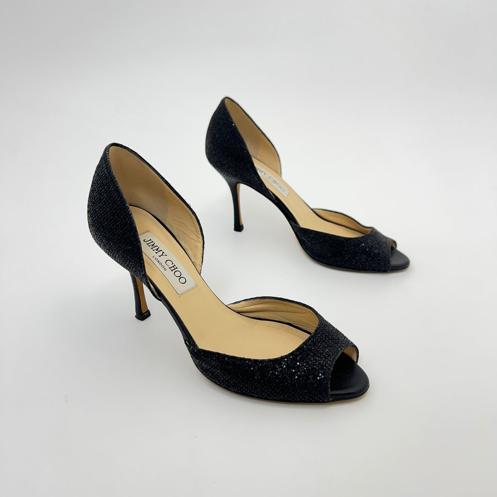 Jimmy Choo | Black Glitter Leather Stilettos D'Orsay Stiletto Heels (36)