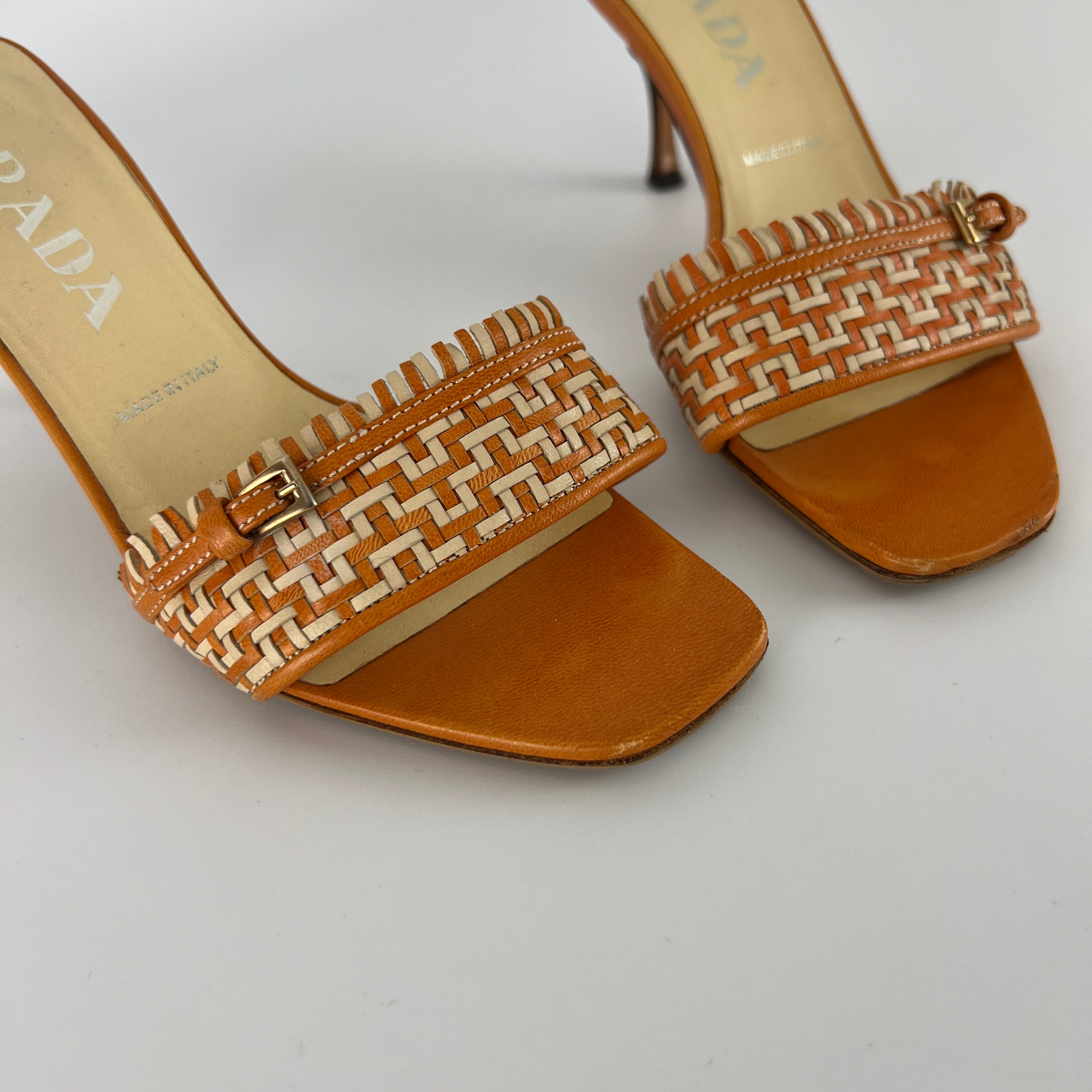 Prada | Vintage Orange Cream Woven Leather Kitten Heel Slide Mules (35)