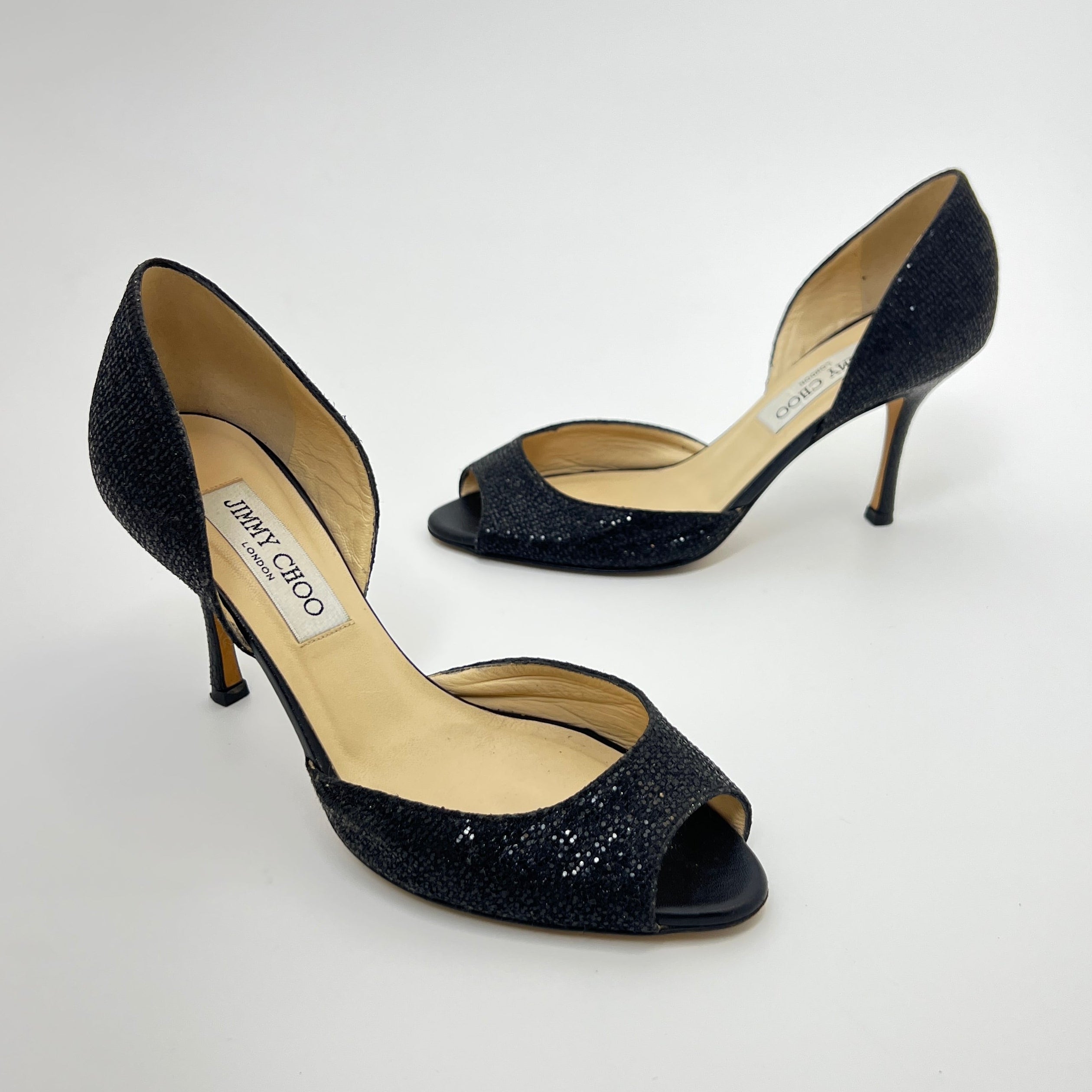 Jimmy Choo | Black Glitter Leather Stilettos D'Orsay Stiletto Heels (36)