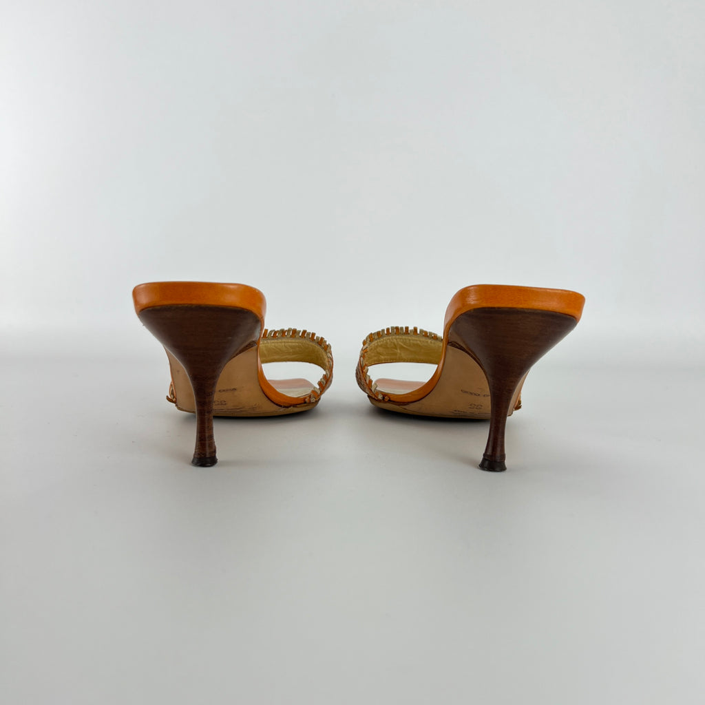 Prada | Vintage Orange Cream Woven Leather Kitten Heel Slide Mules (35)
