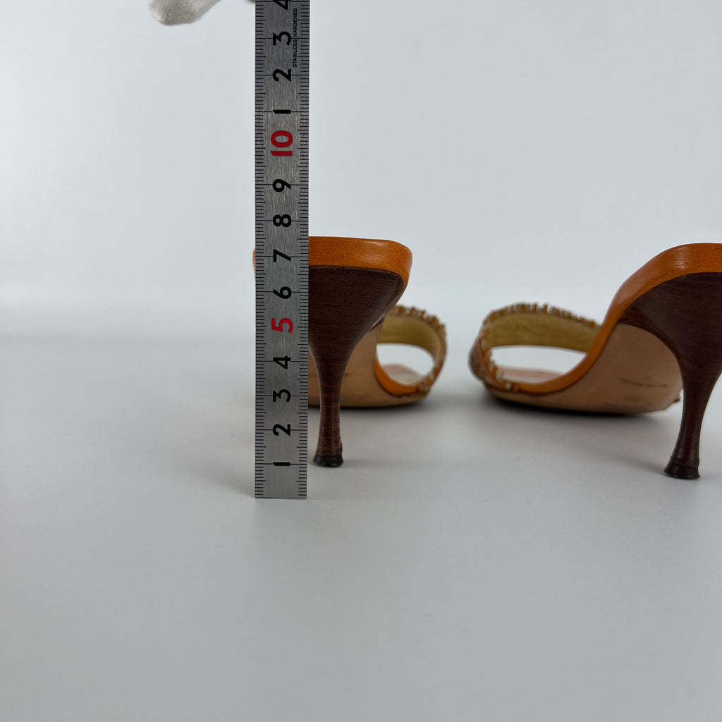 Prada | Vintage Orange Cream Woven Leather Kitten Heel Slide Mules (35)