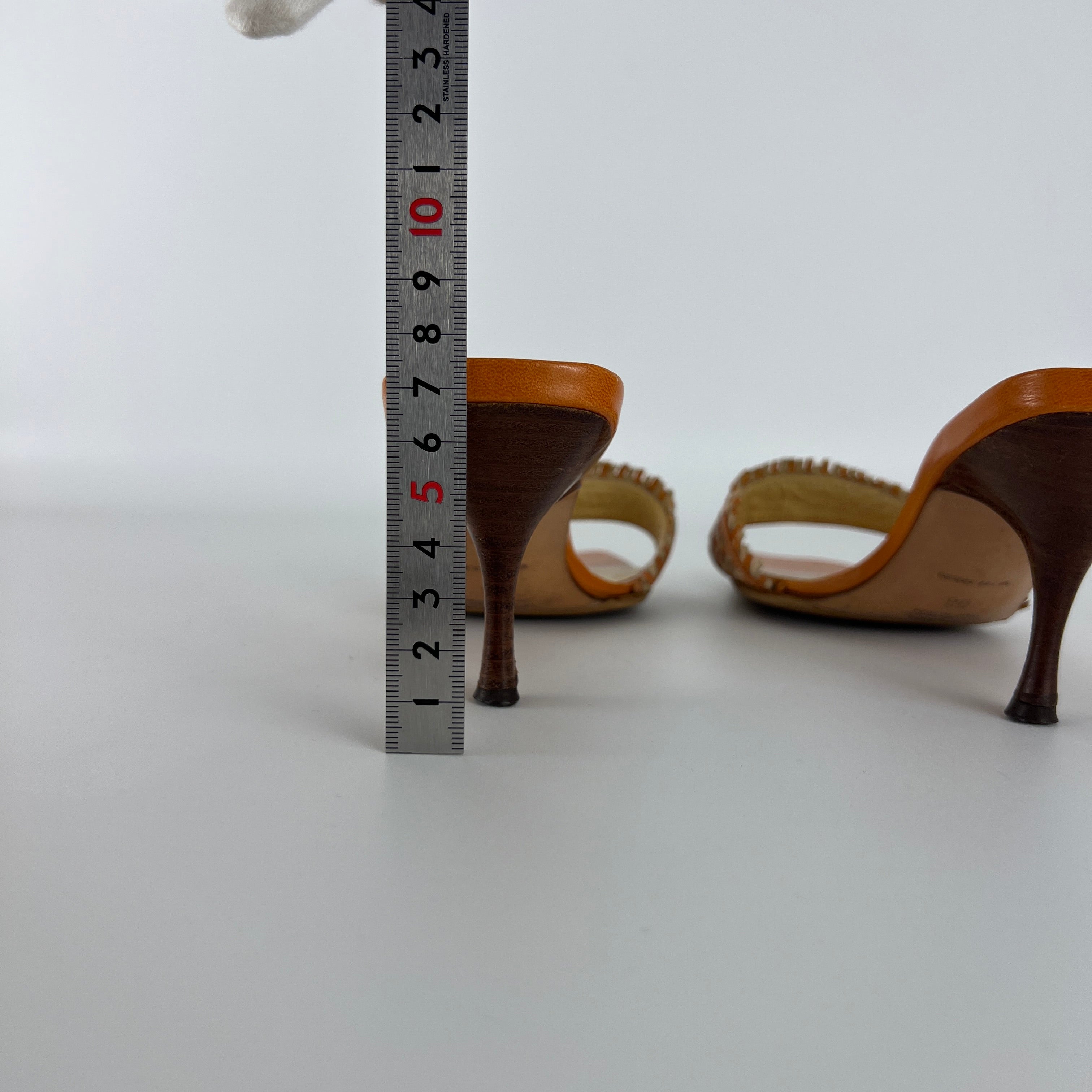 Prada | Vintage Orange Cream Woven Leather Kitten Heel Slide Mules (35)