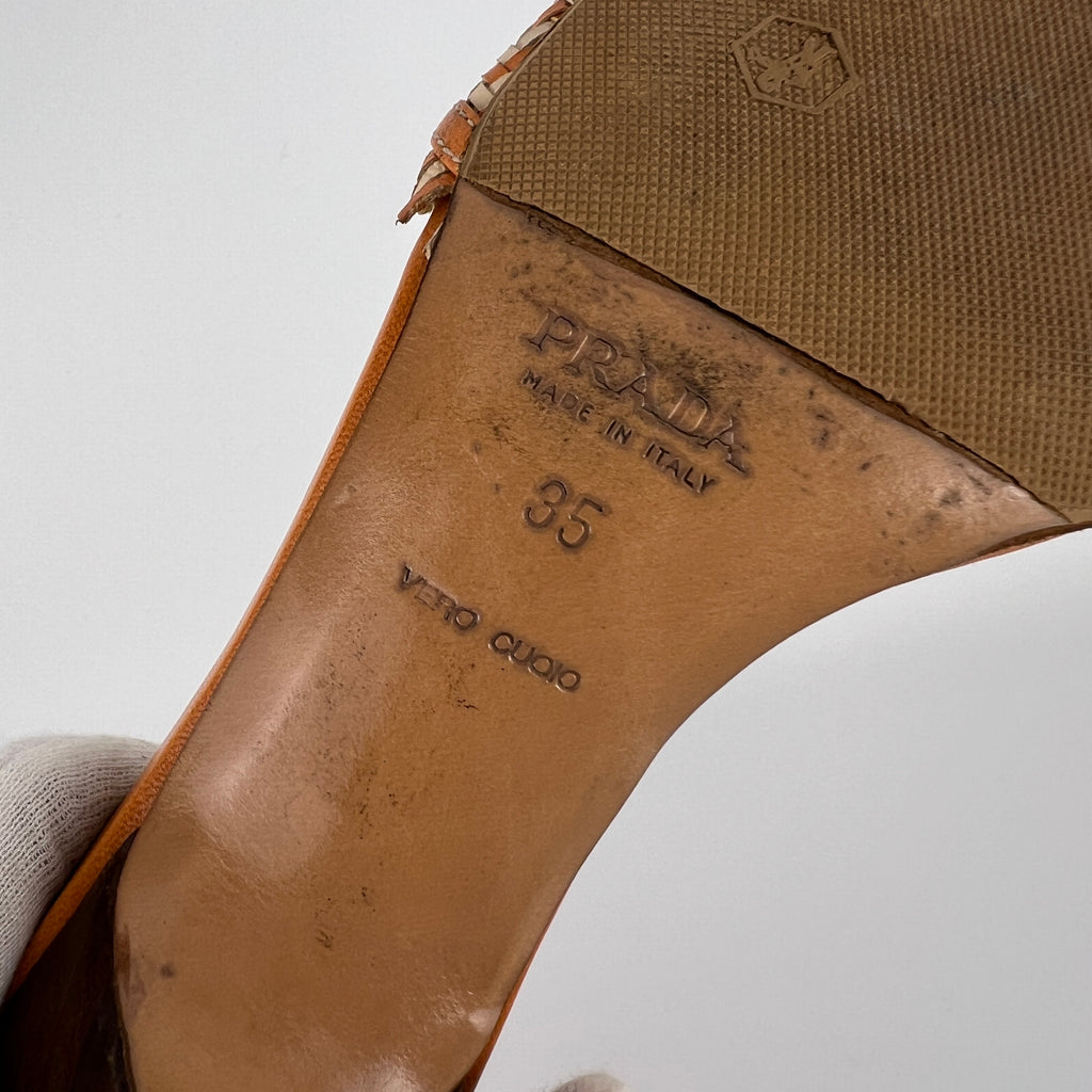 Prada | Vintage Orange Cream Woven Leather Kitten Heel Slide Mules (35)