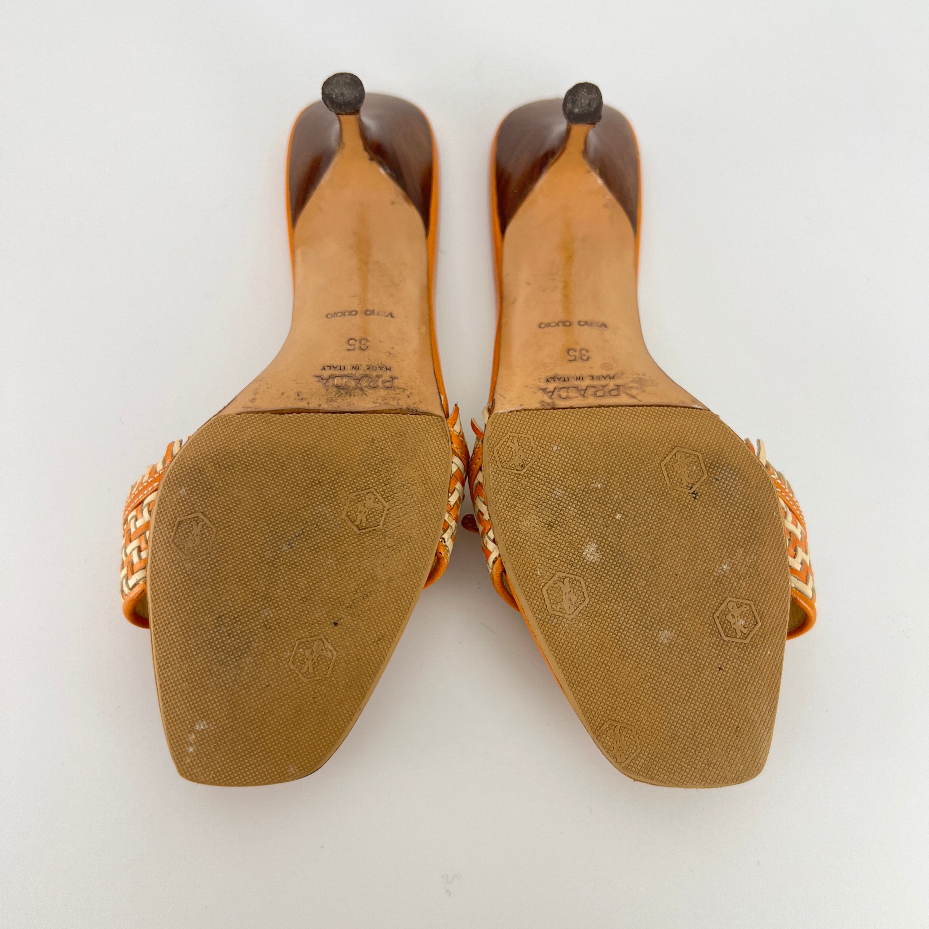 Prada | Vintage Orange Cream Woven Leather Kitten Heel Slide Mules (35)