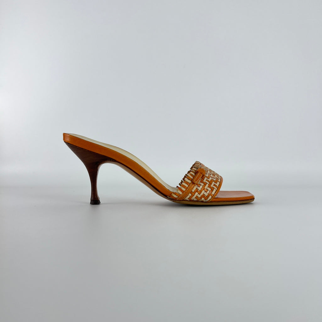 Prada | Vintage Orange Cream Woven Leather Kitten Heel Slide Mules (35)