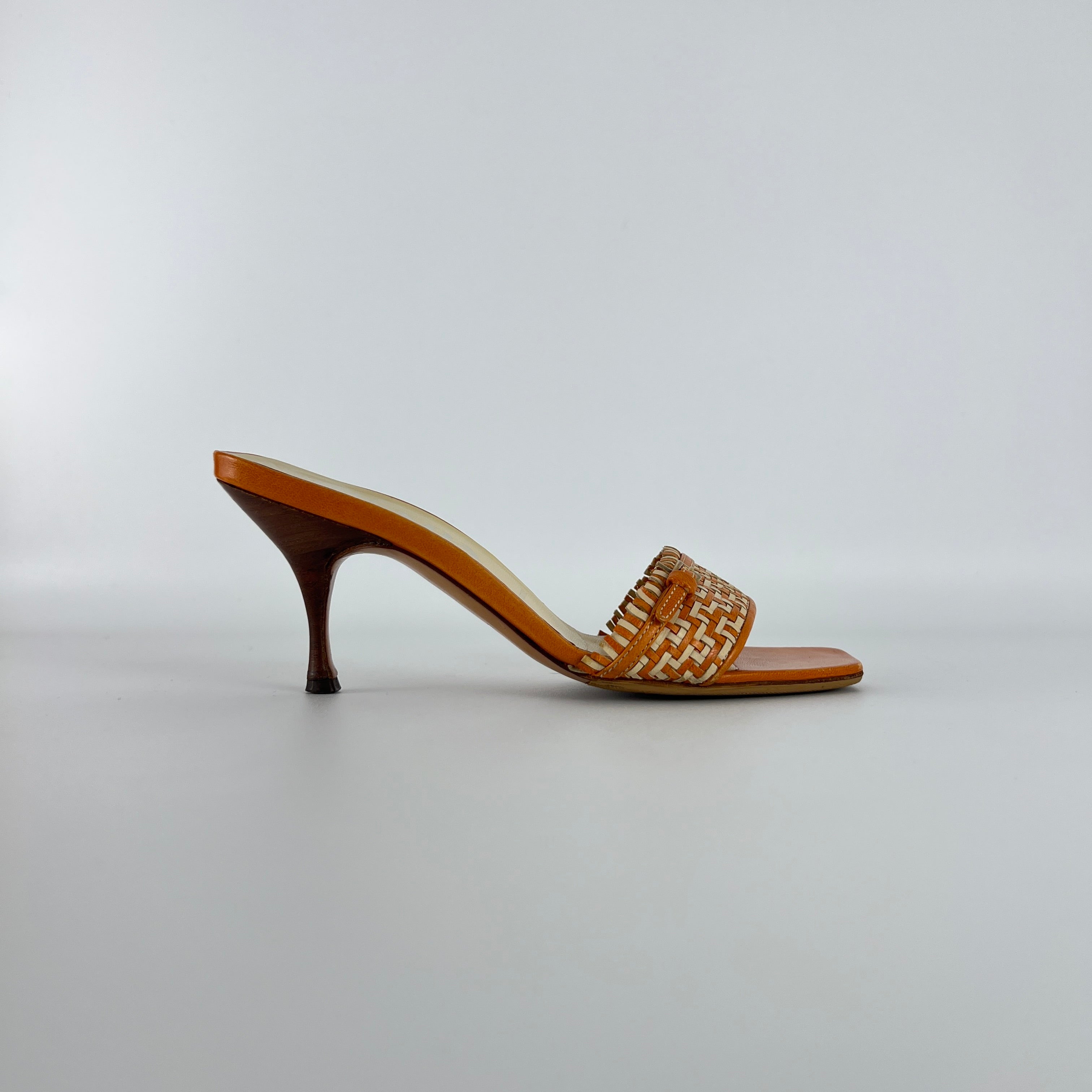 Prada | Vintage Orange Cream Woven Leather Kitten Heel Slide Mules (35)