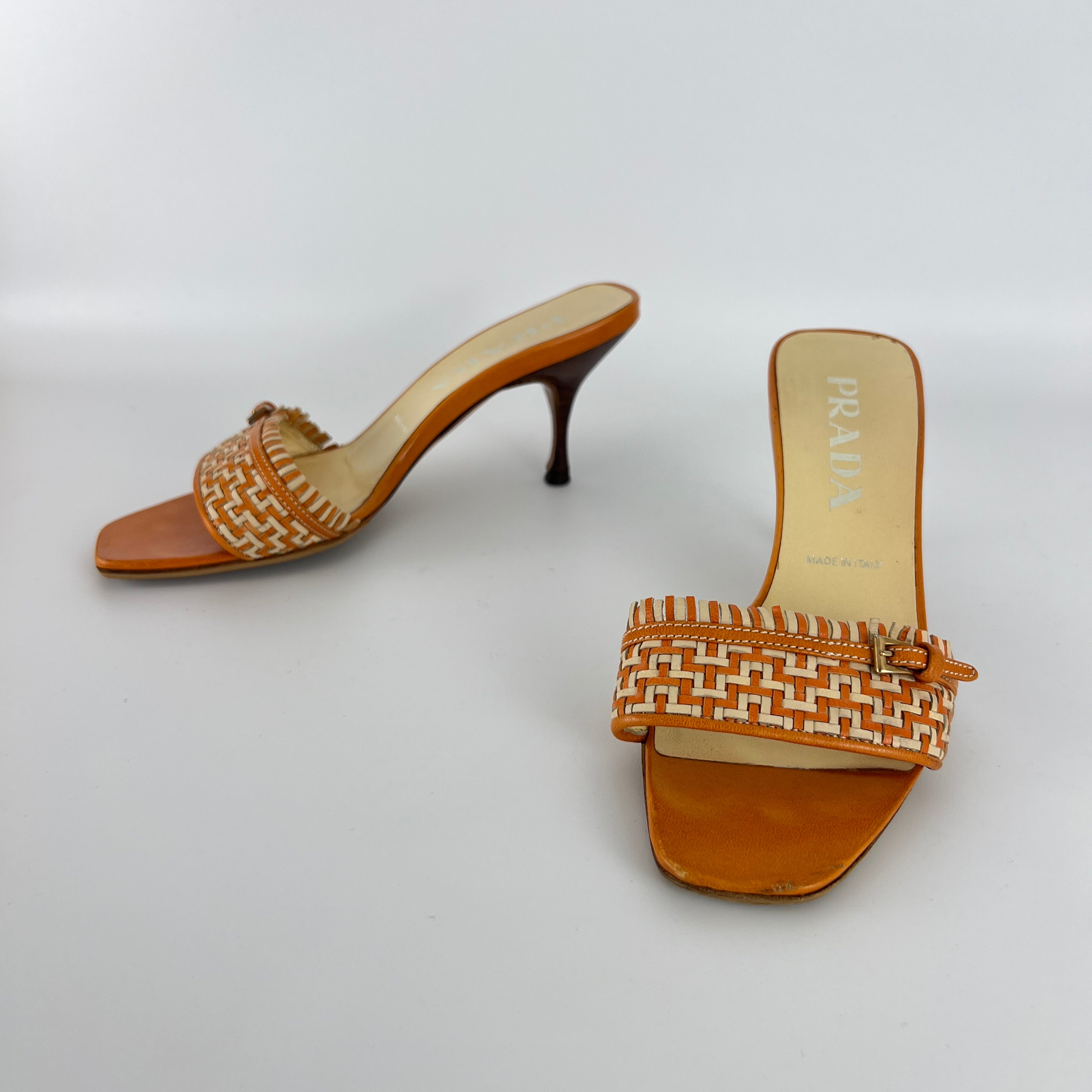 Prada | Vintage Orange Cream Woven Leather Kitten Heel Slide Mules (35)