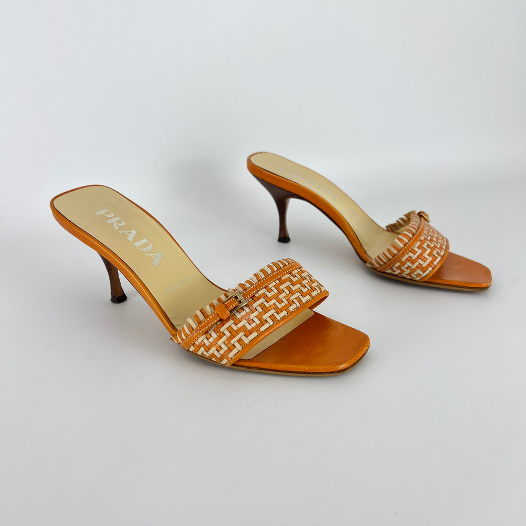 Prada | Vintage Orange Cream Woven Leather Kitten Heel Slide Mules (35)