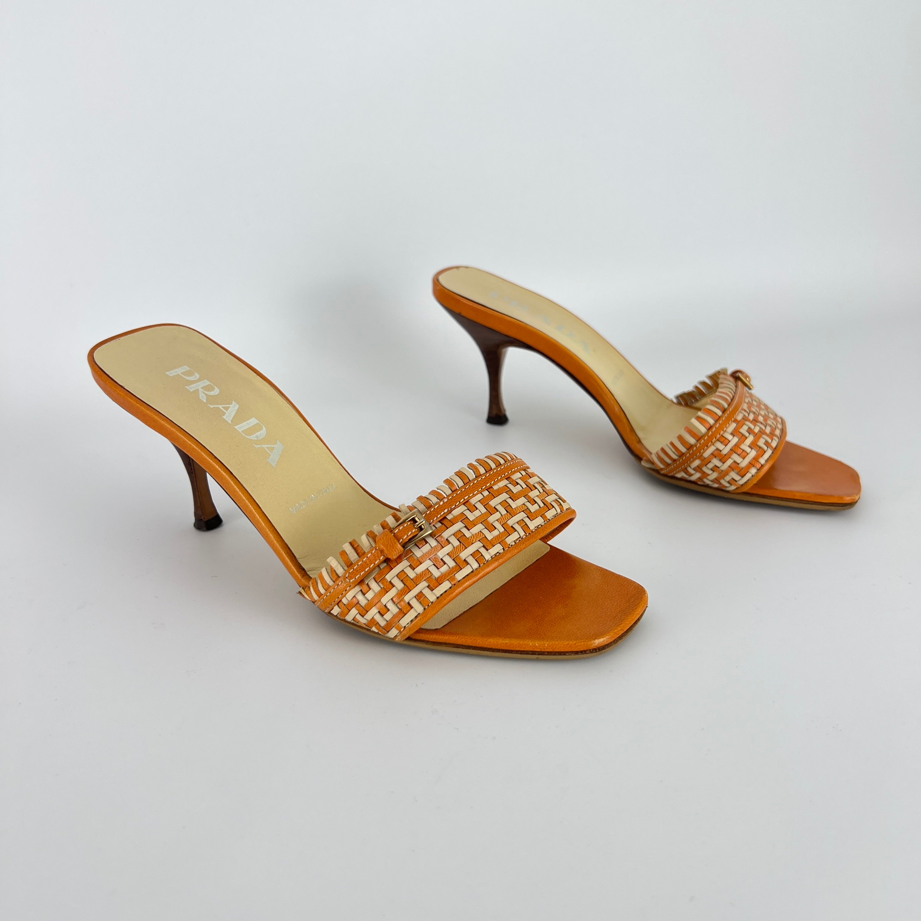 Prada | Vintage Orange Cream Woven Leather Kitten Heel Slide Mules (35)