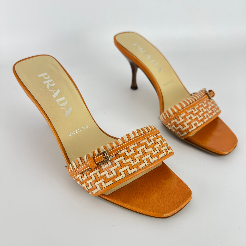 Prada | Vintage Orange Cream Woven Leather Kitten Heel Slide Mules (35)