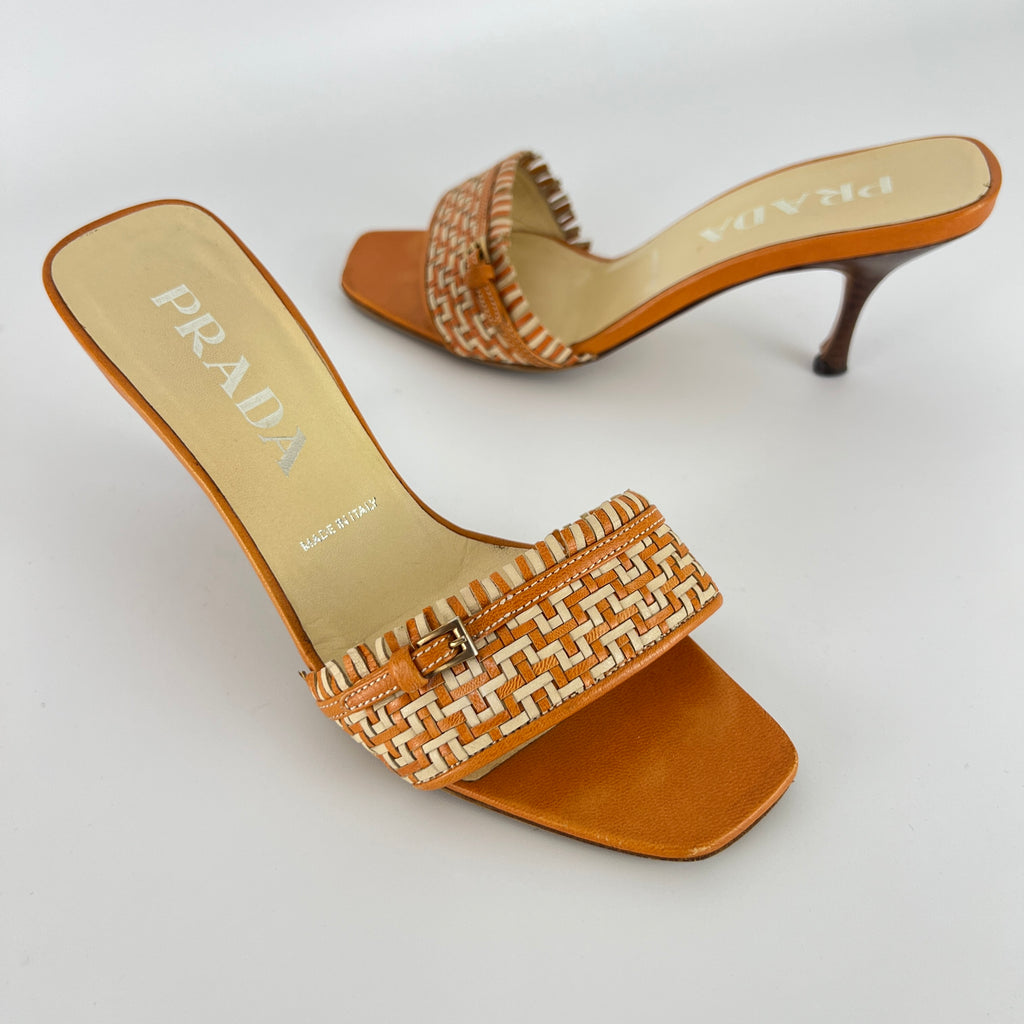 Prada | Vintage Orange Cream Woven Leather Kitten Heel Slide Mules (35)