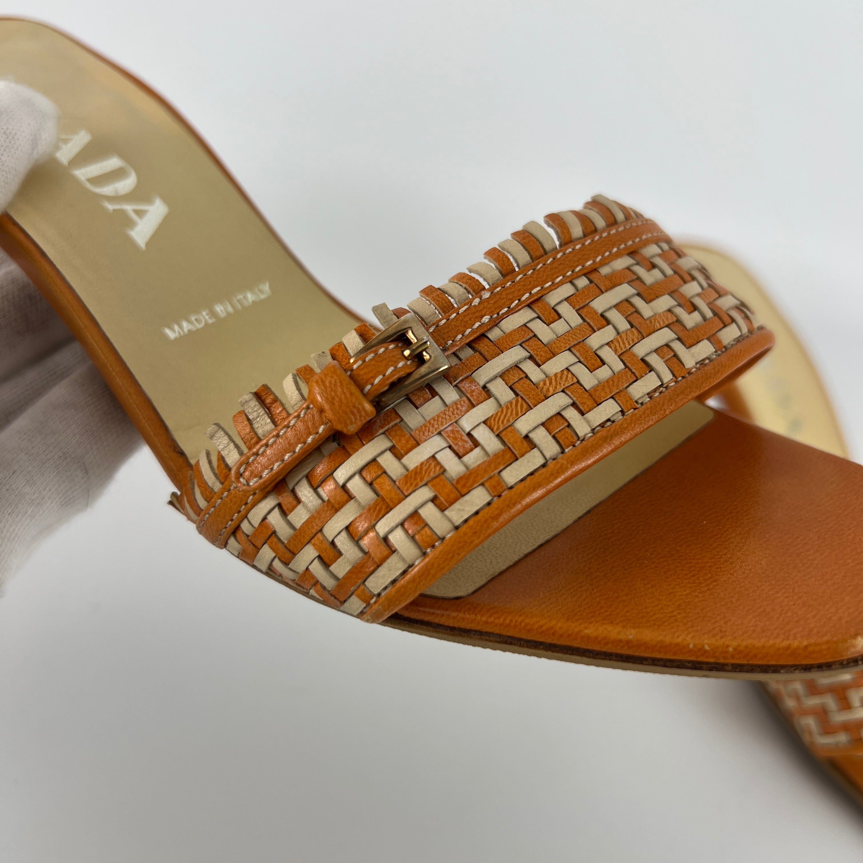 Prada | Vintage Orange Cream Woven Leather Kitten Heel Slide Mules (35)