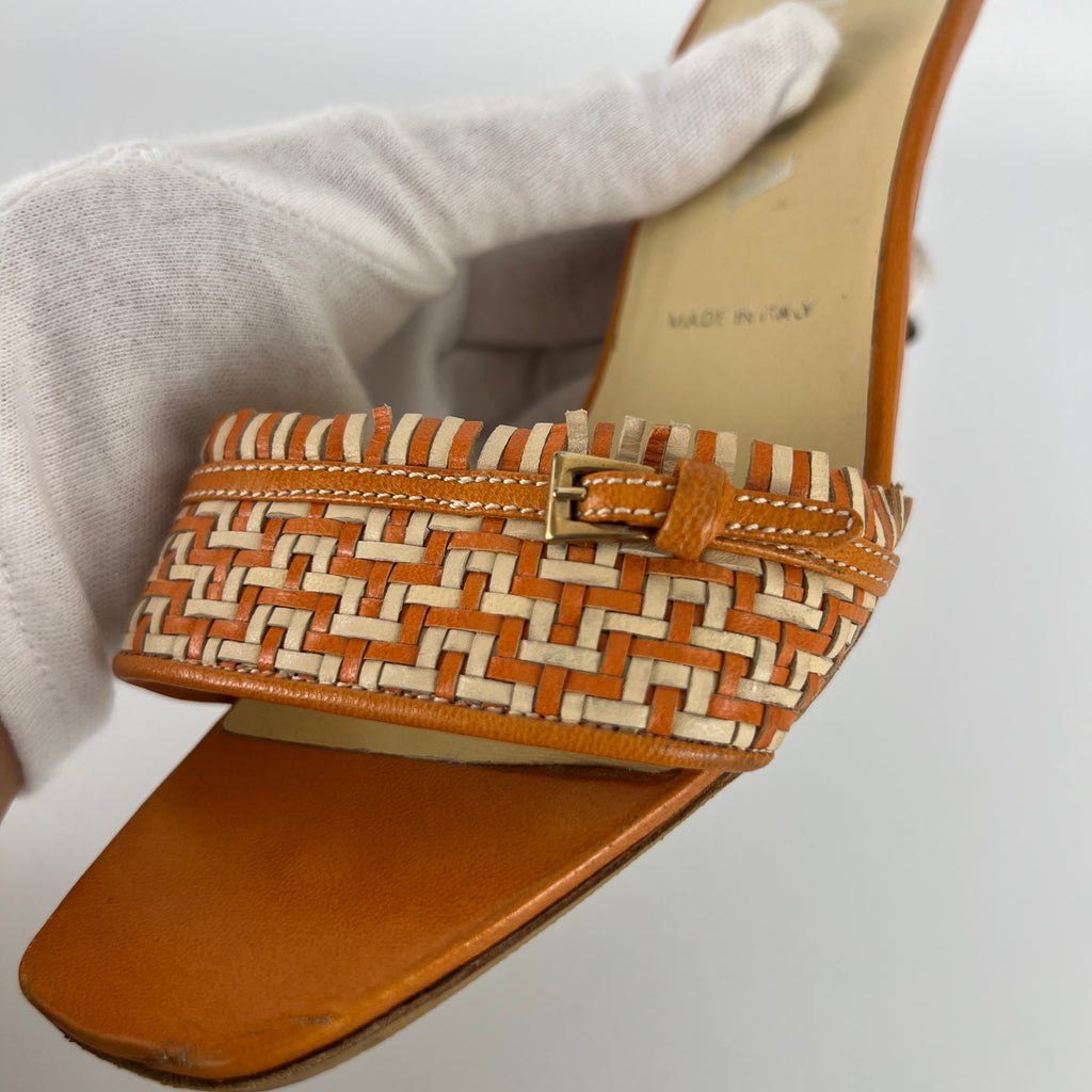 Prada | Vintage Orange Cream Woven Leather Kitten Heel Slide Mules (35)