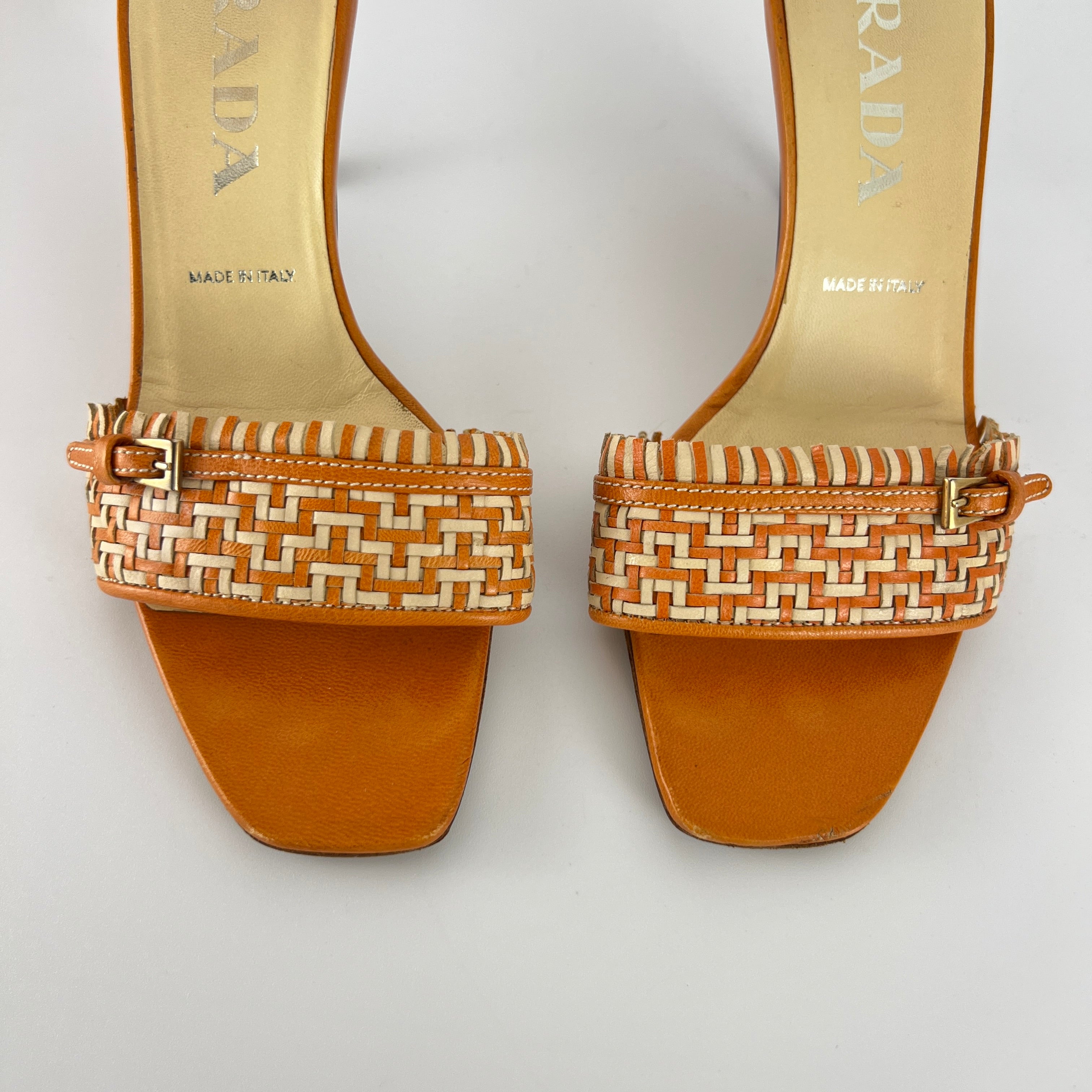 Prada | Vintage Orange Cream Woven Leather Kitten Heel Slide Mules (35)