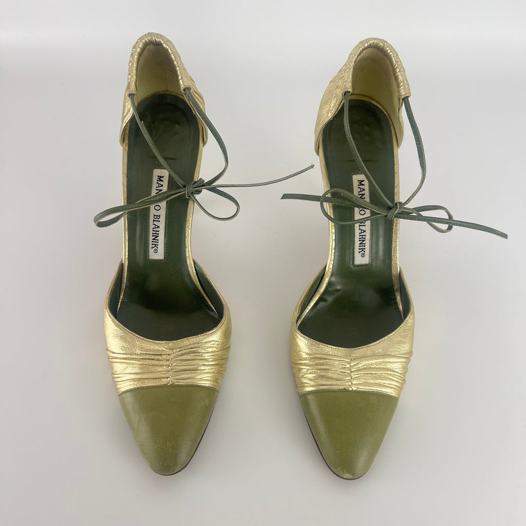 Manolo Blahnik | Metallic Gold Green Leather Ribbon Bow D'Orsay Pumps (39)