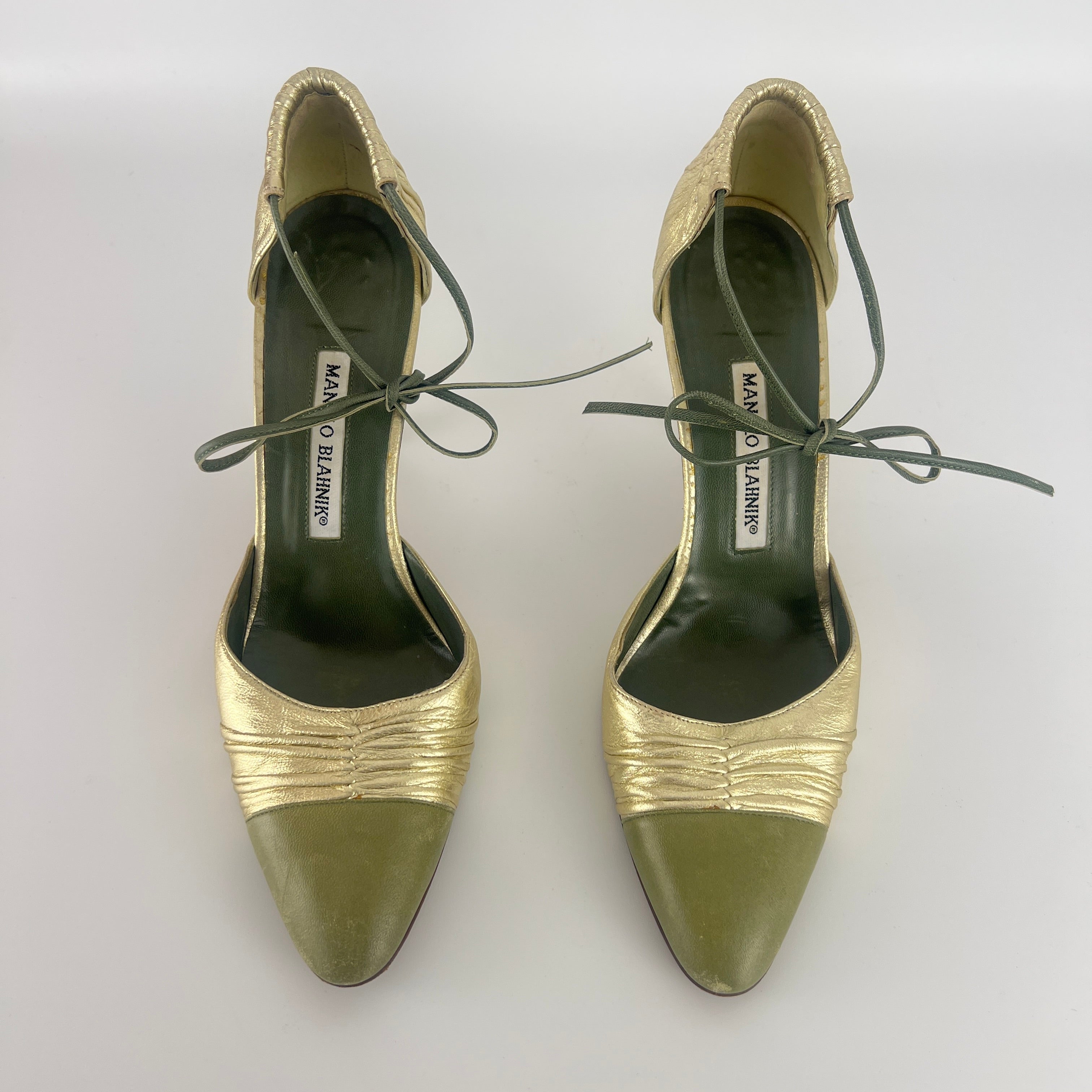 Manolo Blahnik | Metallic Gold Green Leather Ribbon Bow D'Orsay Pumps (39)