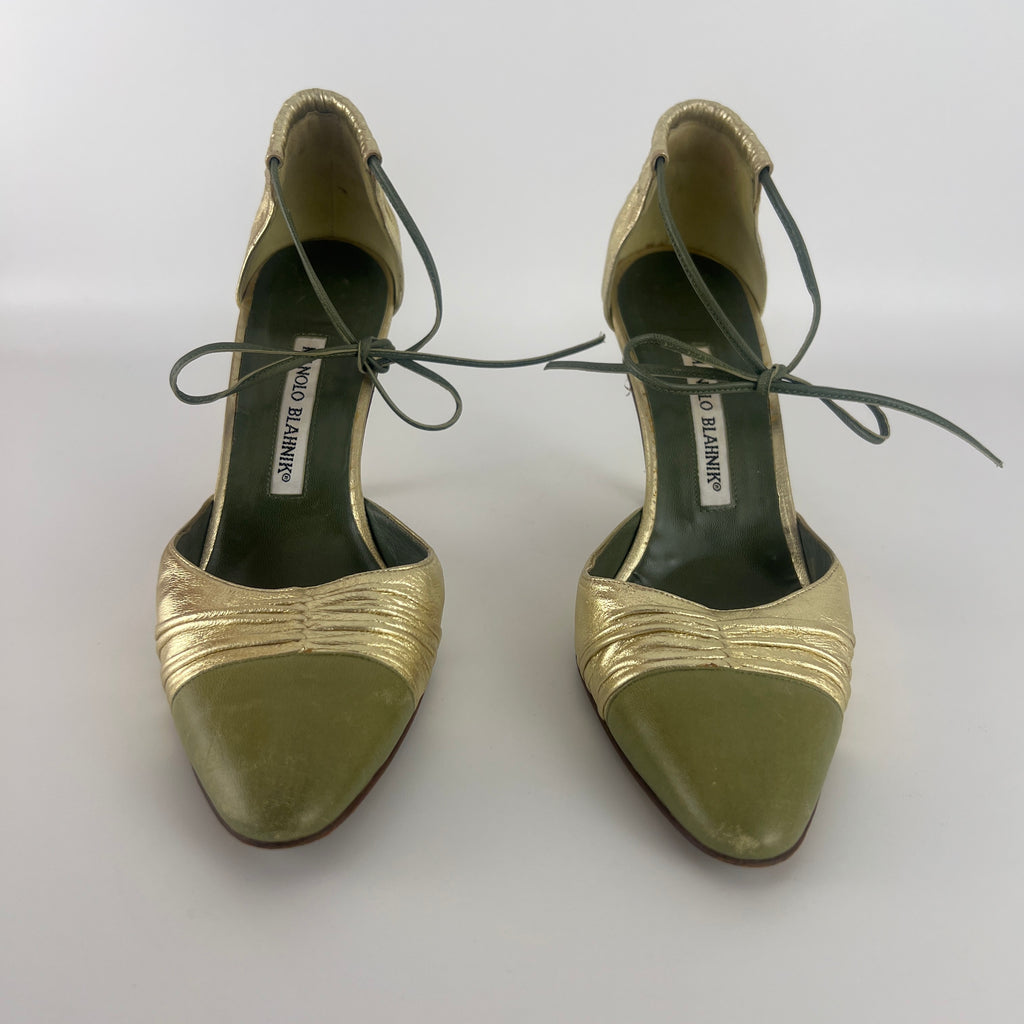 Manolo Blahnik | Metallic Gold Green Leather Ribbon Bow D'Orsay Pumps (39)