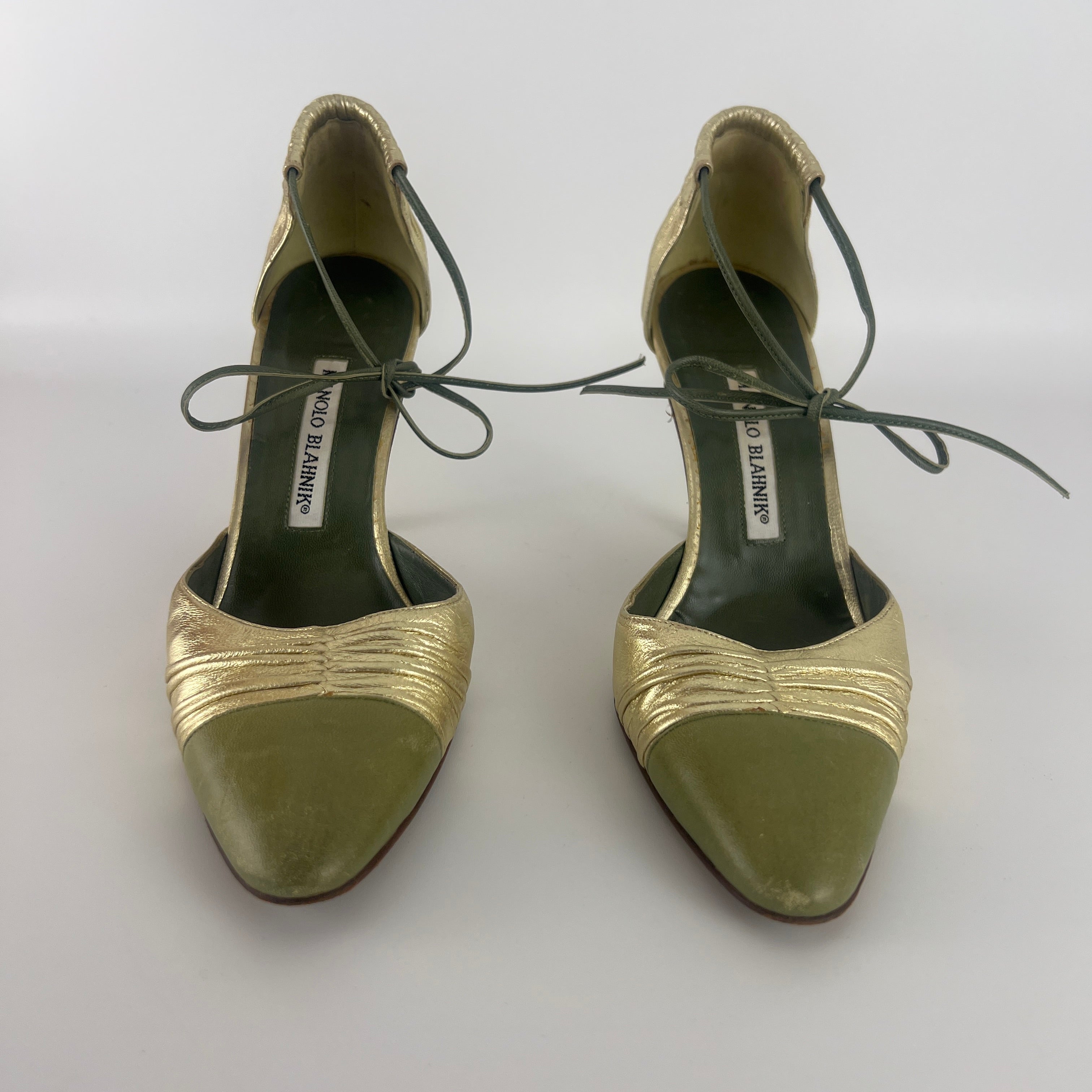 Manolo Blahnik | Metallic Gold Green Leather Ribbon Bow D'Orsay Pumps (39)