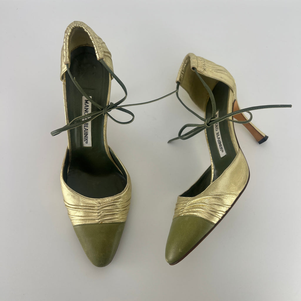 Manolo Blahnik | Metallic Gold Green Leather Ribbon Bow D'Orsay Pumps (39)