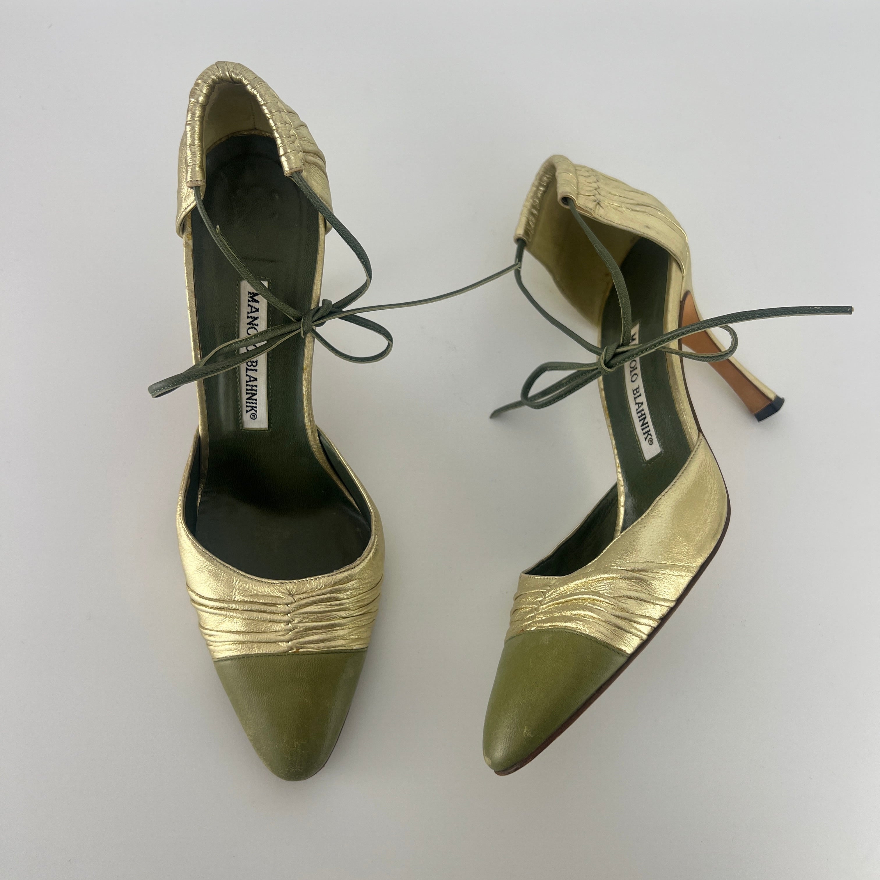 Manolo Blahnik | Metallic Gold Green Leather Ribbon Bow D'Orsay Pumps (39)