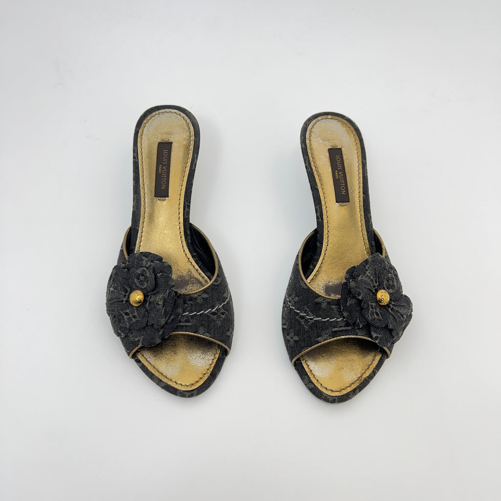 Louis Vuitton | Vintage Black Denim Flower LV Monogram Kitten Heel Mules (35)