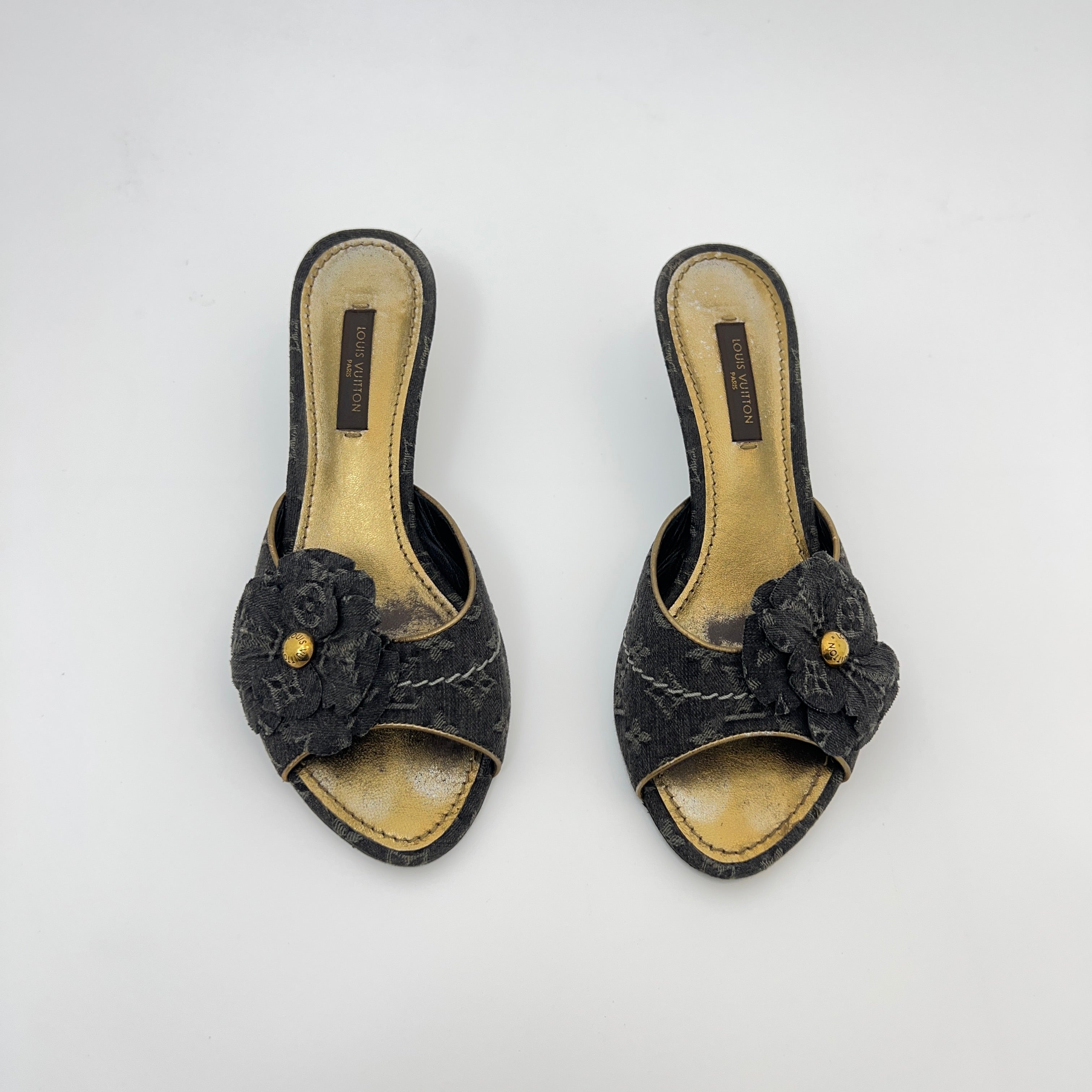 Louis Vuitton | Vintage Black Denim Flower LV Monogram Kitten Heel Mules (35)