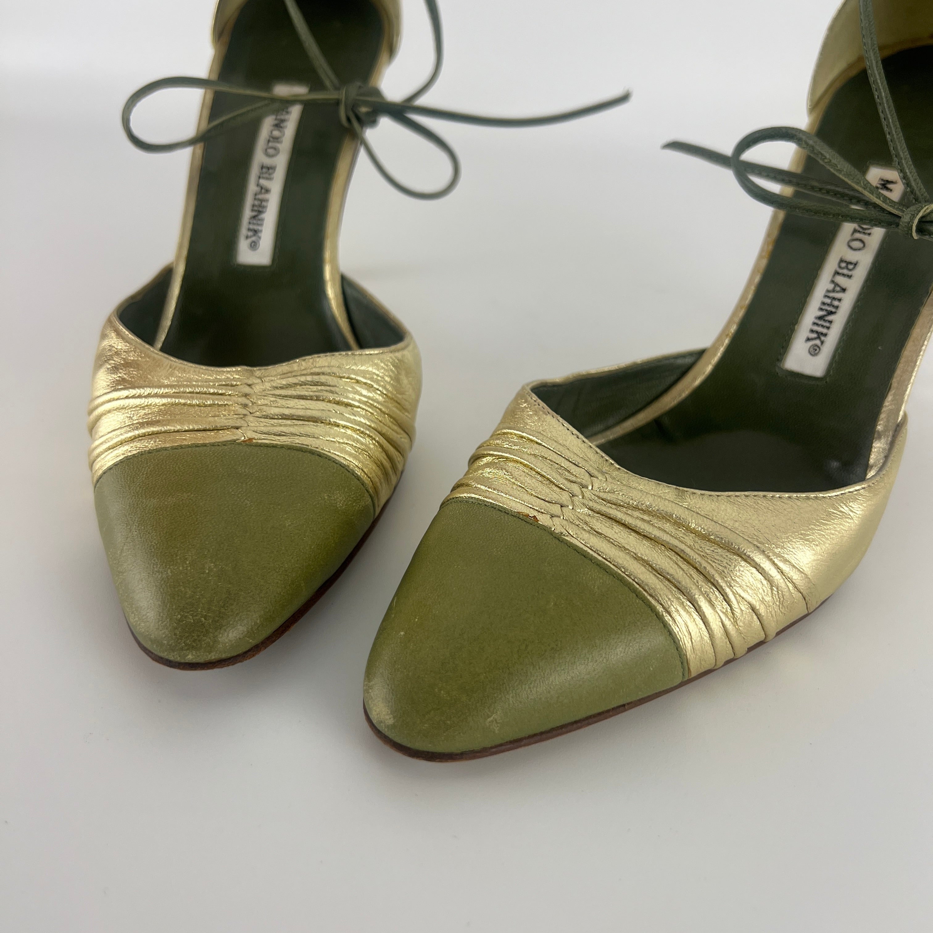 Manolo Blahnik | Metallic Gold Green Leather Ribbon Bow D'Orsay Pumps (39)