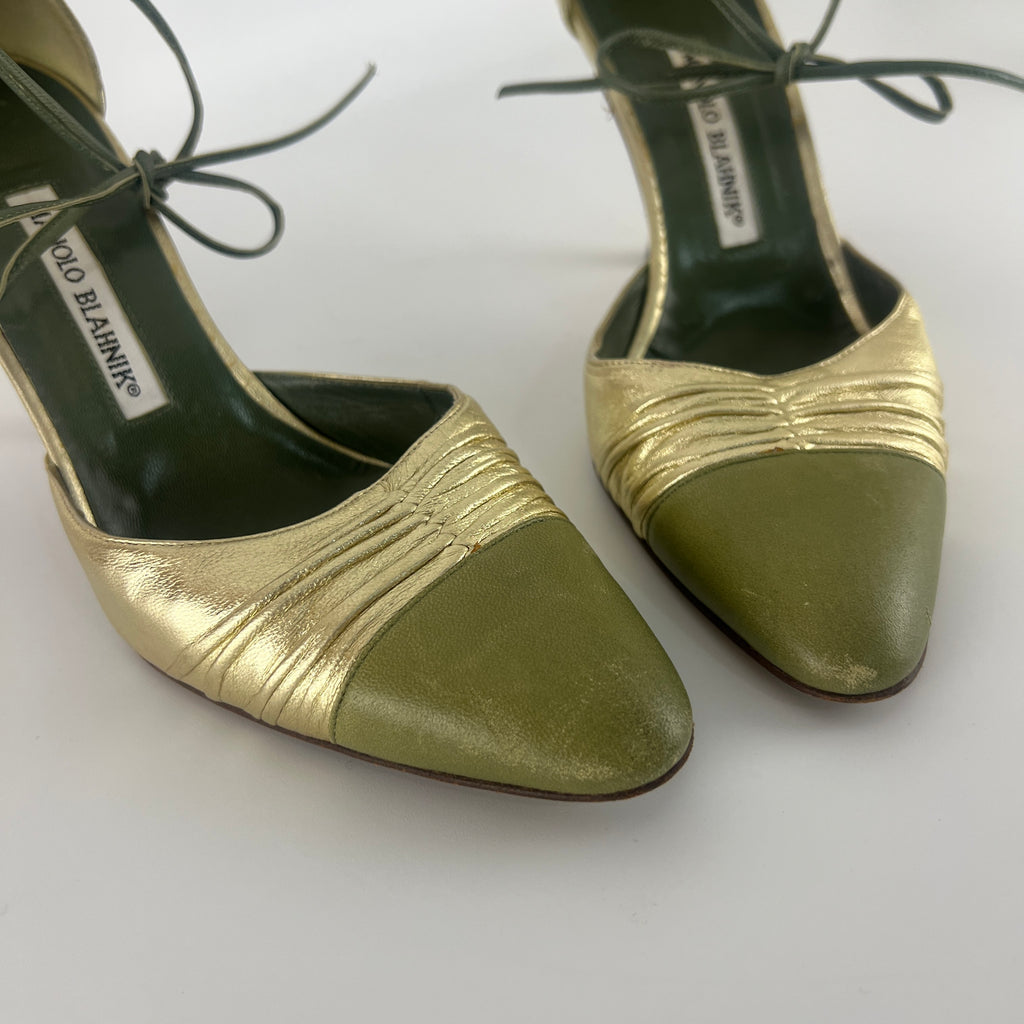 Manolo Blahnik | Metallic Gold Green Leather Ribbon Bow D'Orsay Pumps (39)