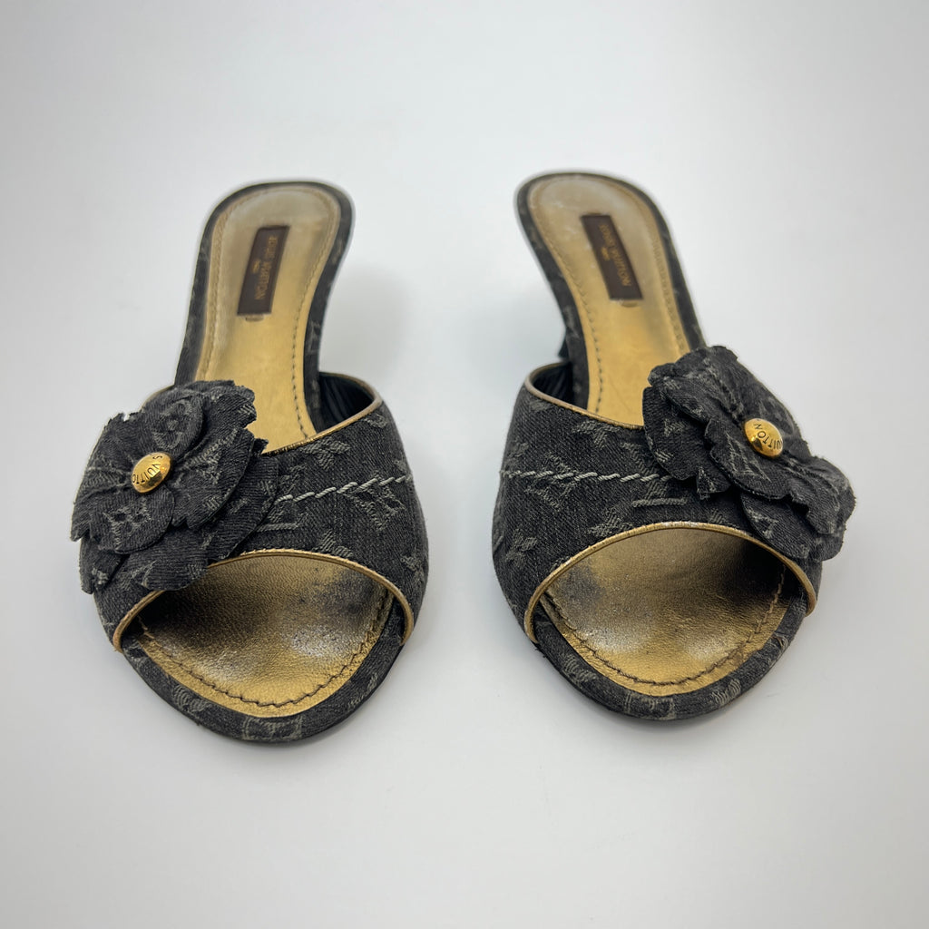 Louis Vuitton | Vintage Black Denim Flower LV Monogram Kitten Heel Mules (35)