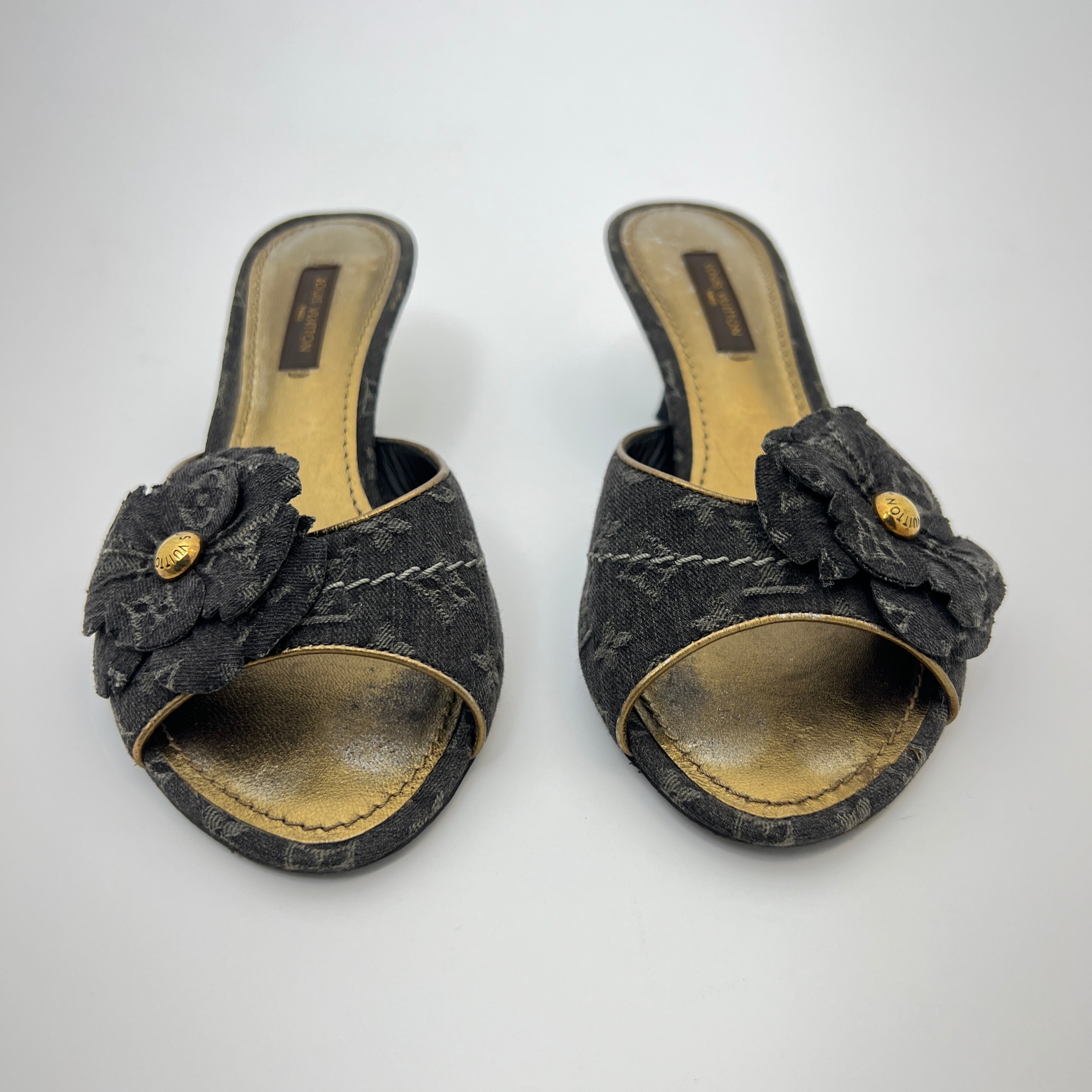 Louis Vuitton | Vintage Black Denim Flower LV Monogram Kitten Heel Mules (35)