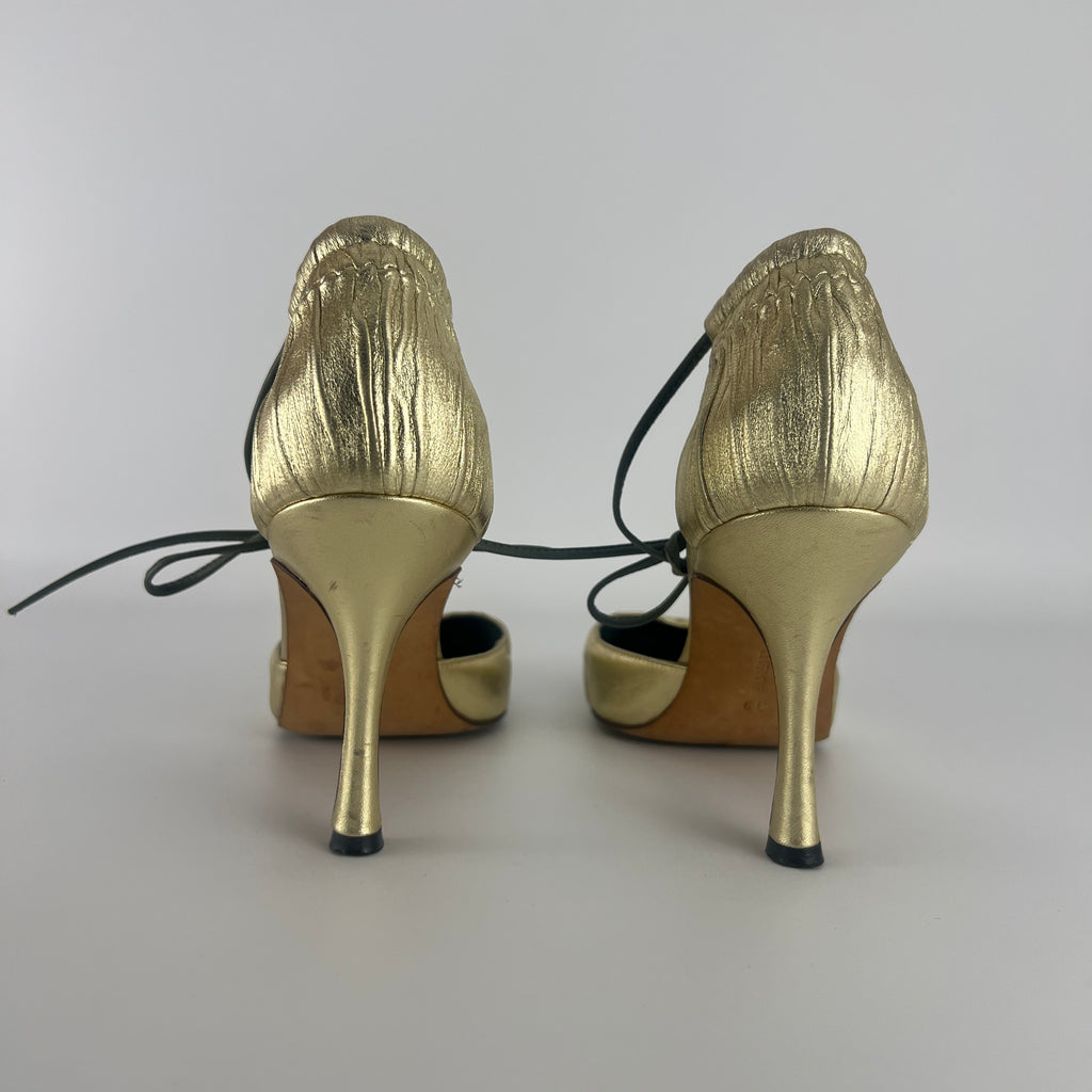 Manolo Blahnik | Metallic Gold Green Leather Ribbon Bow D'Orsay Pumps (39)