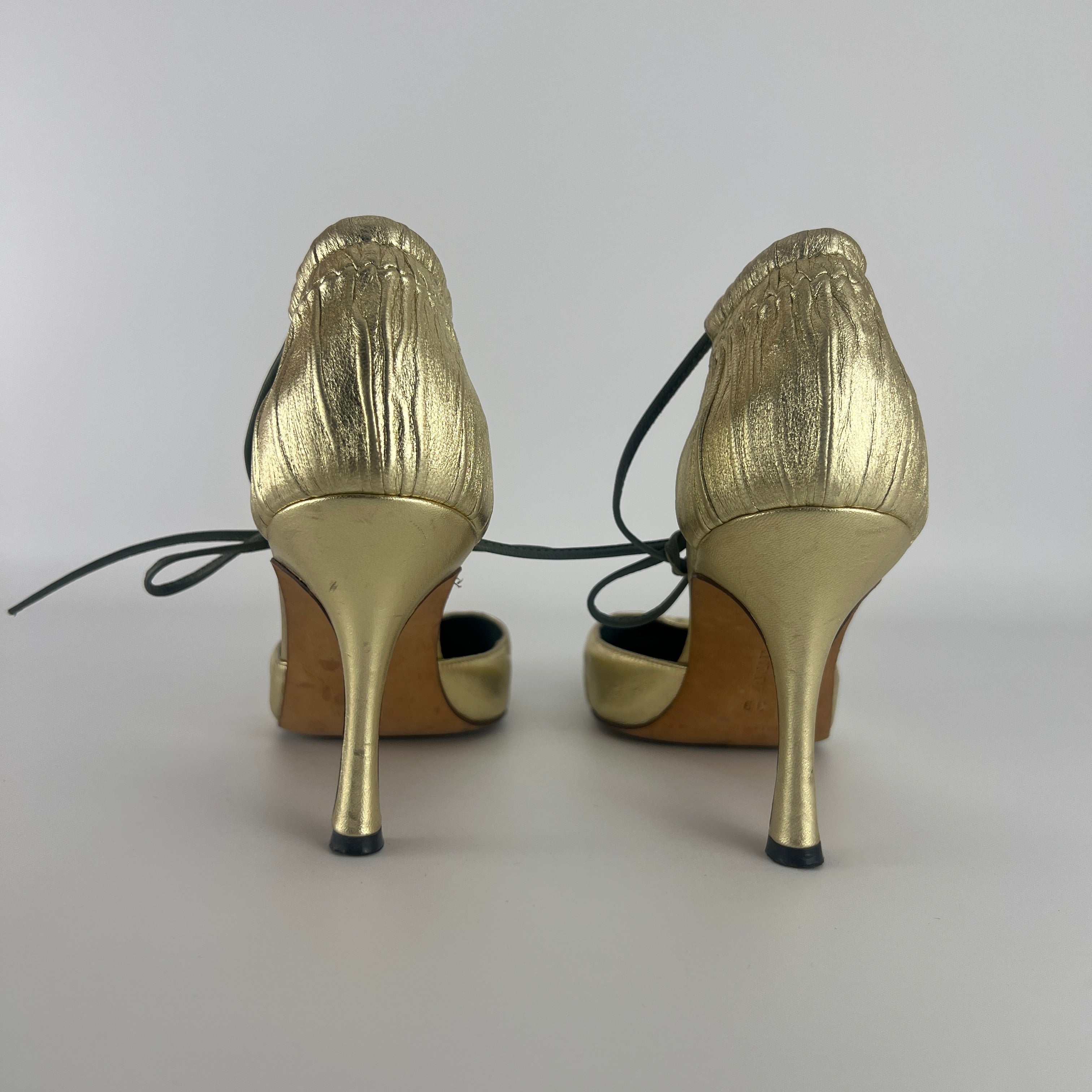 Manolo Blahnik | Metallic Gold Green Leather Ribbon Bow D'Orsay Pumps (39)