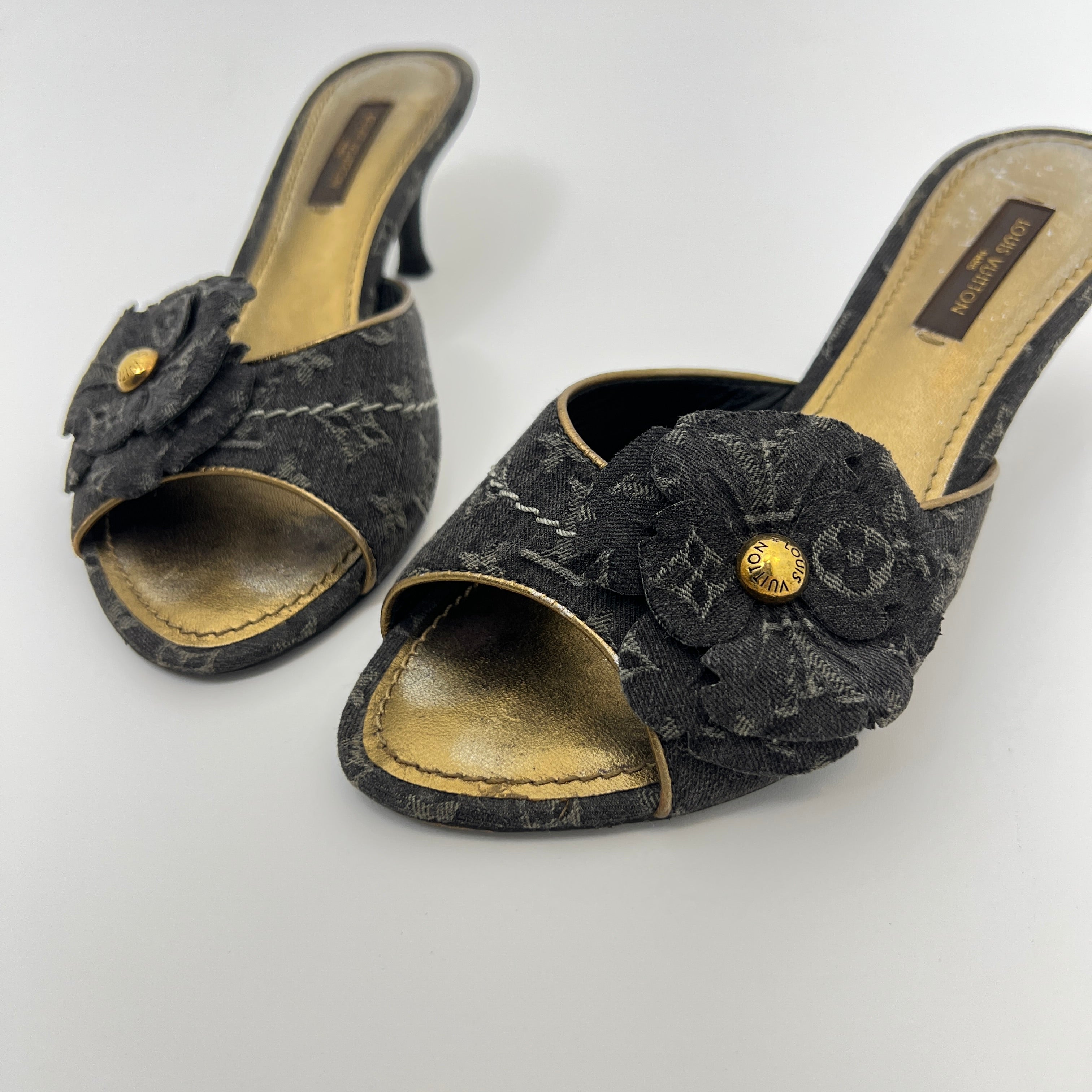 Louis Vuitton | Vintage Black Denim Flower LV Monogram Kitten Heel Mules (35)