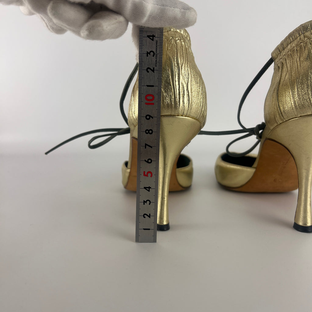 Manolo Blahnik | Metallic Gold Green Leather Ribbon Bow D'Orsay Pumps (39)