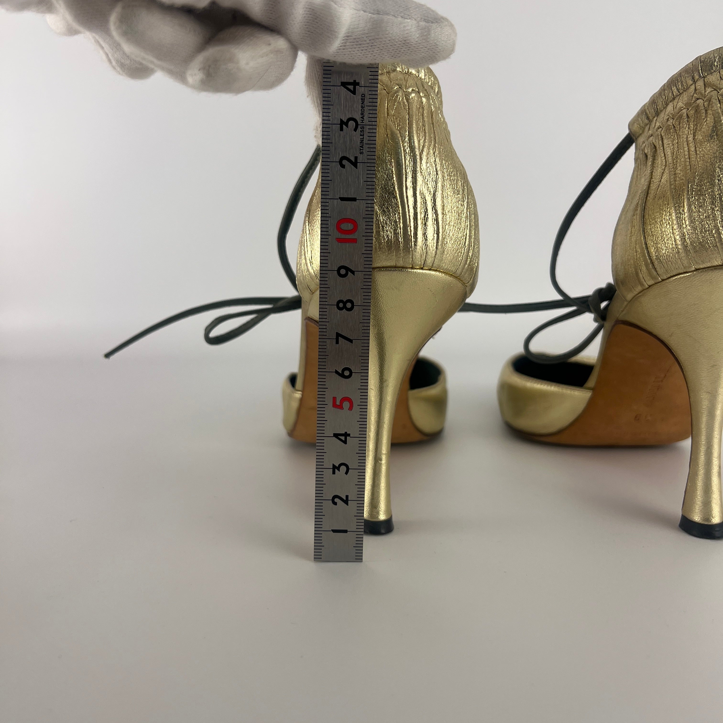 Manolo Blahnik | Metallic Gold Green Leather Ribbon Bow D'Orsay Pumps (39)