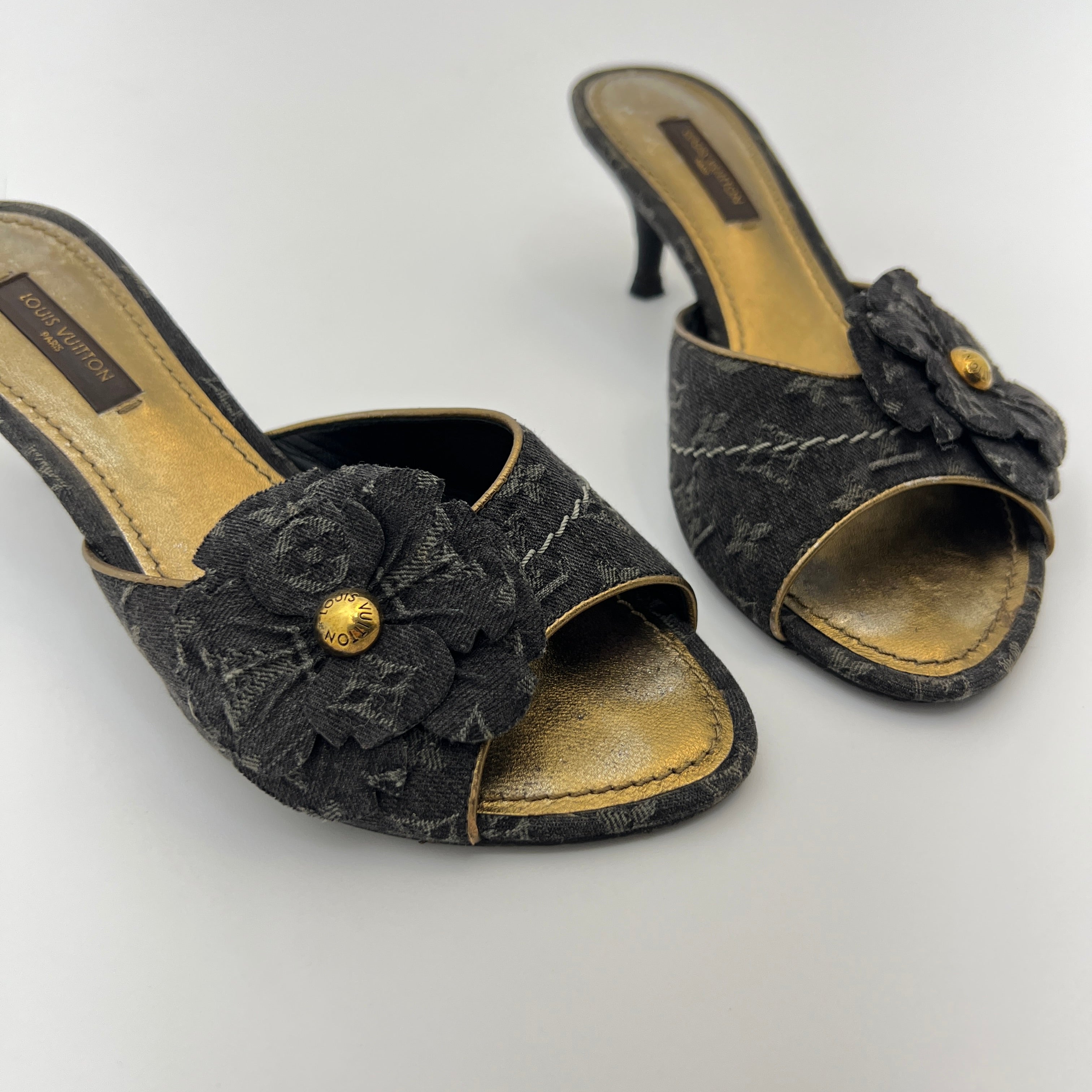 Louis Vuitton | Vintage Black Denim Flower LV Monogram Kitten Heel Mules (35)